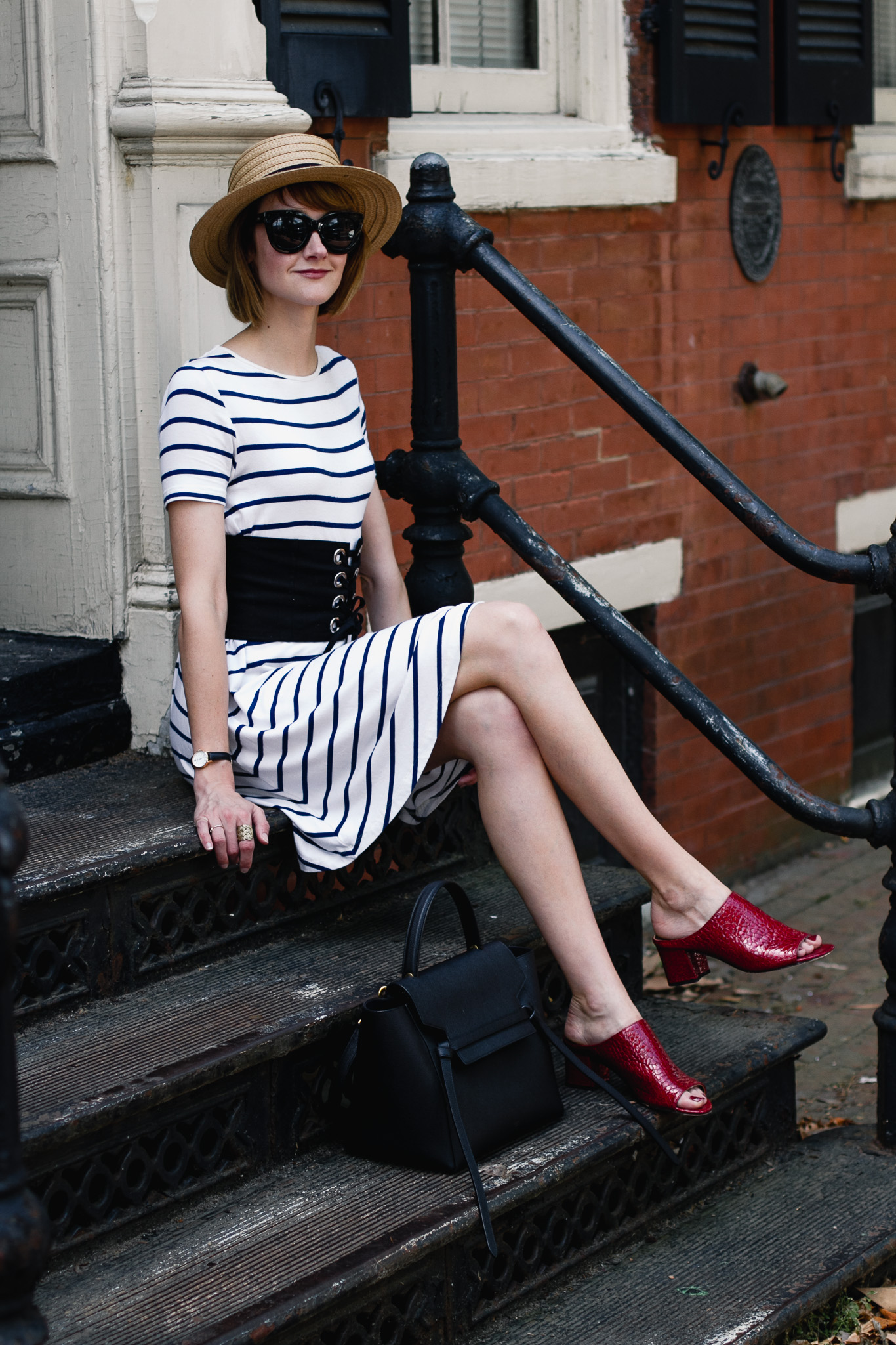 striped dress, corset belt, and Donald J Pliner mules