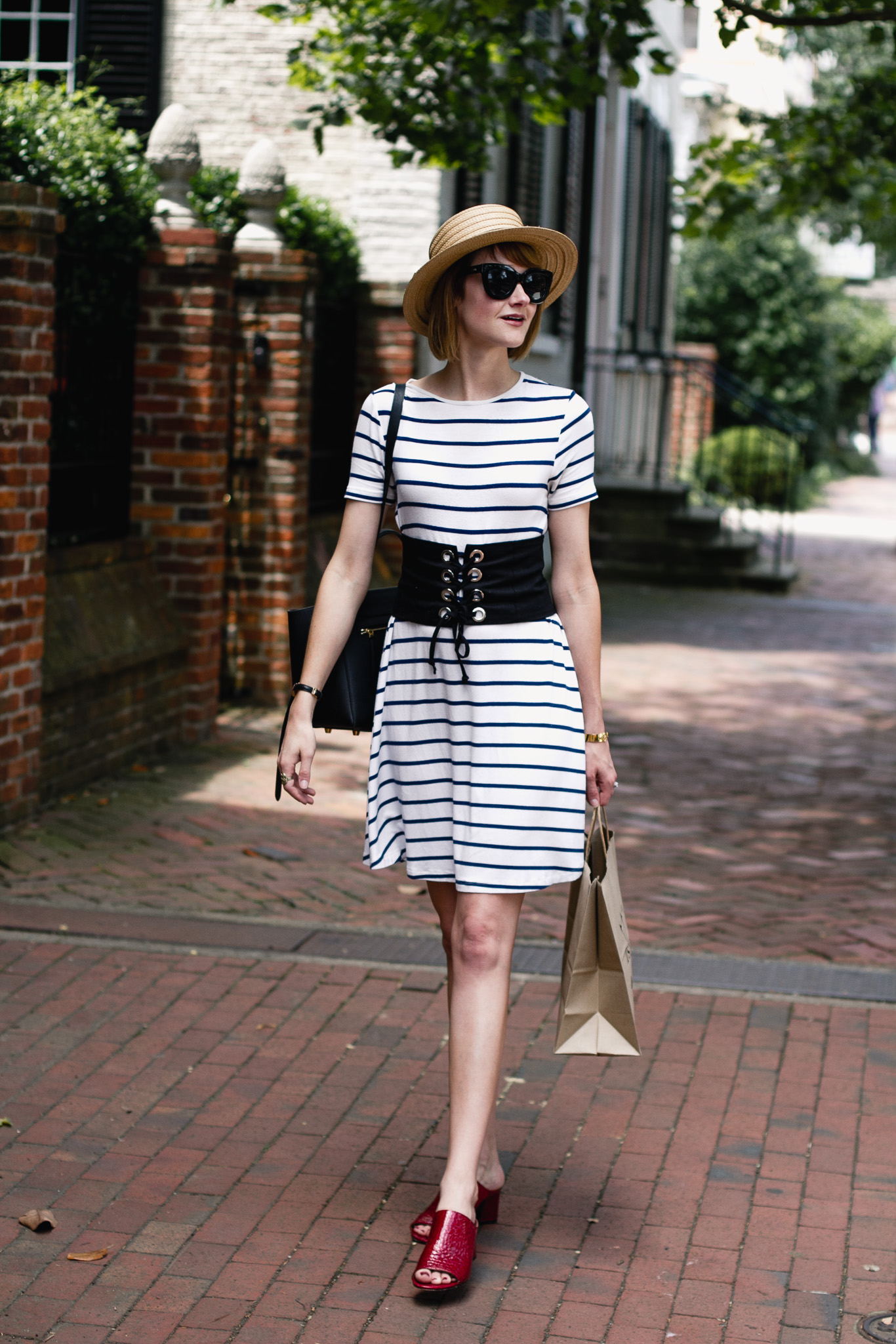 striped dress, corset belt, and Donald J Pliner mules