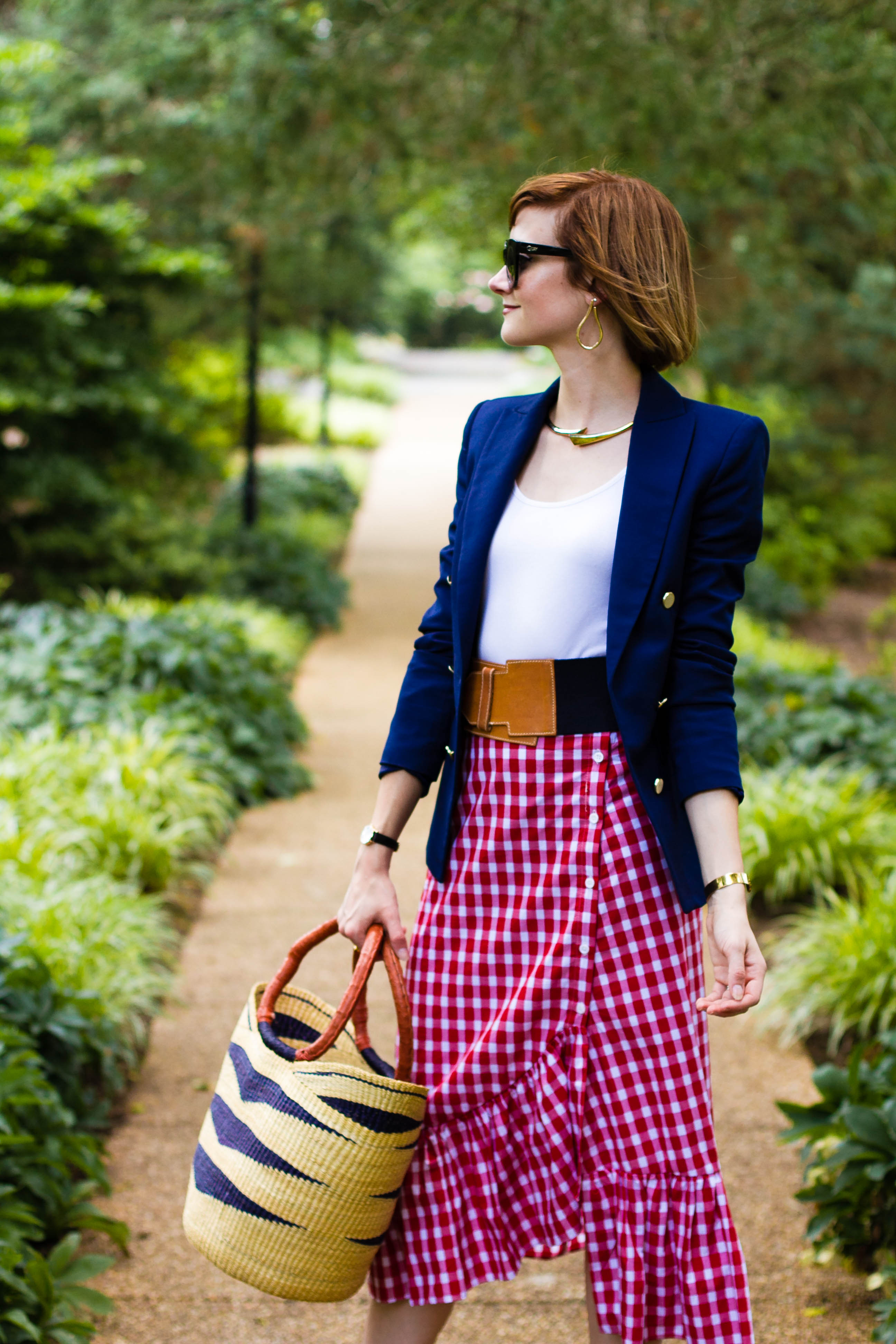 navy blazer, Zara gingham skirt, and straw bag