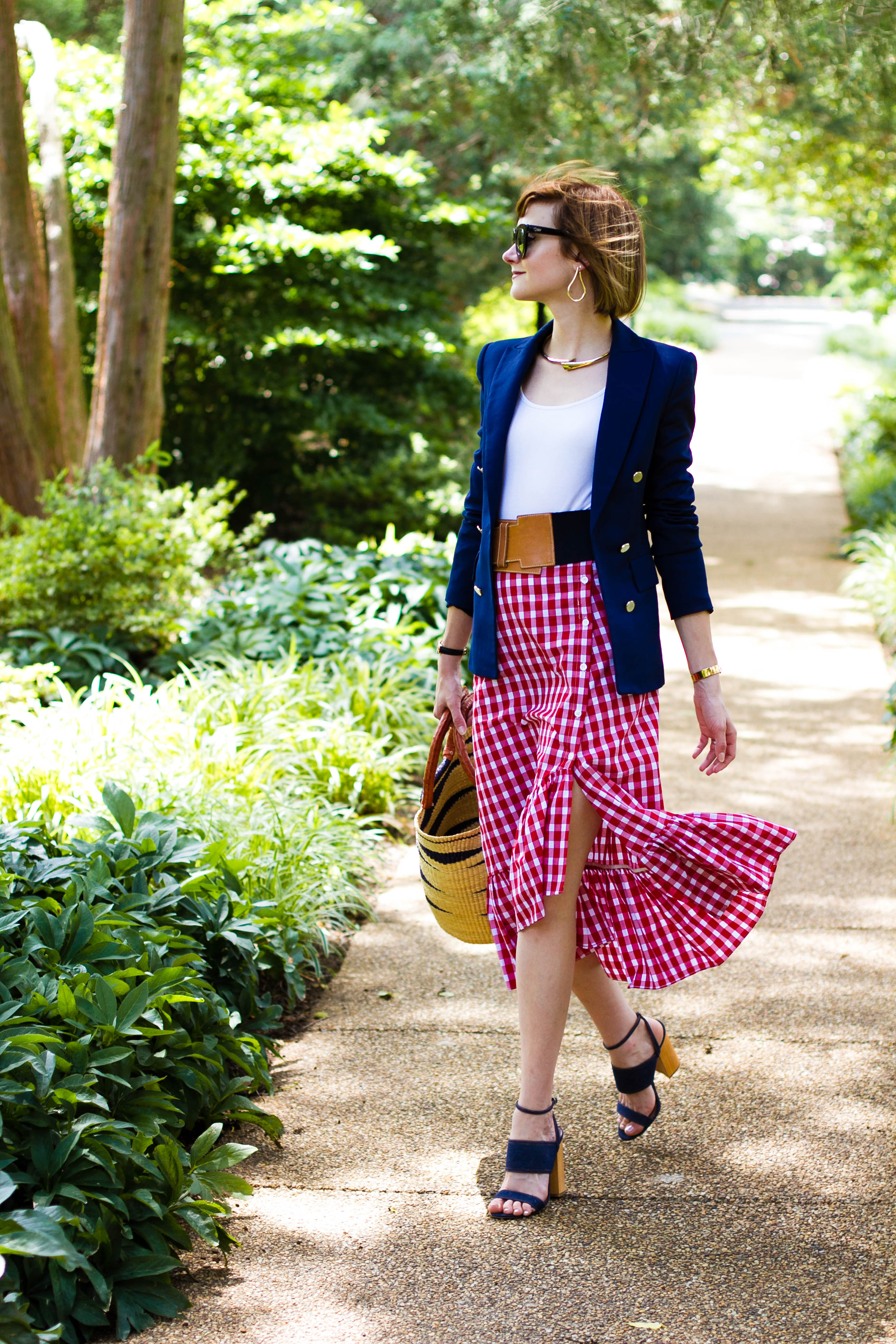 navy blazer, Zara gingham skirt, and straw bag
