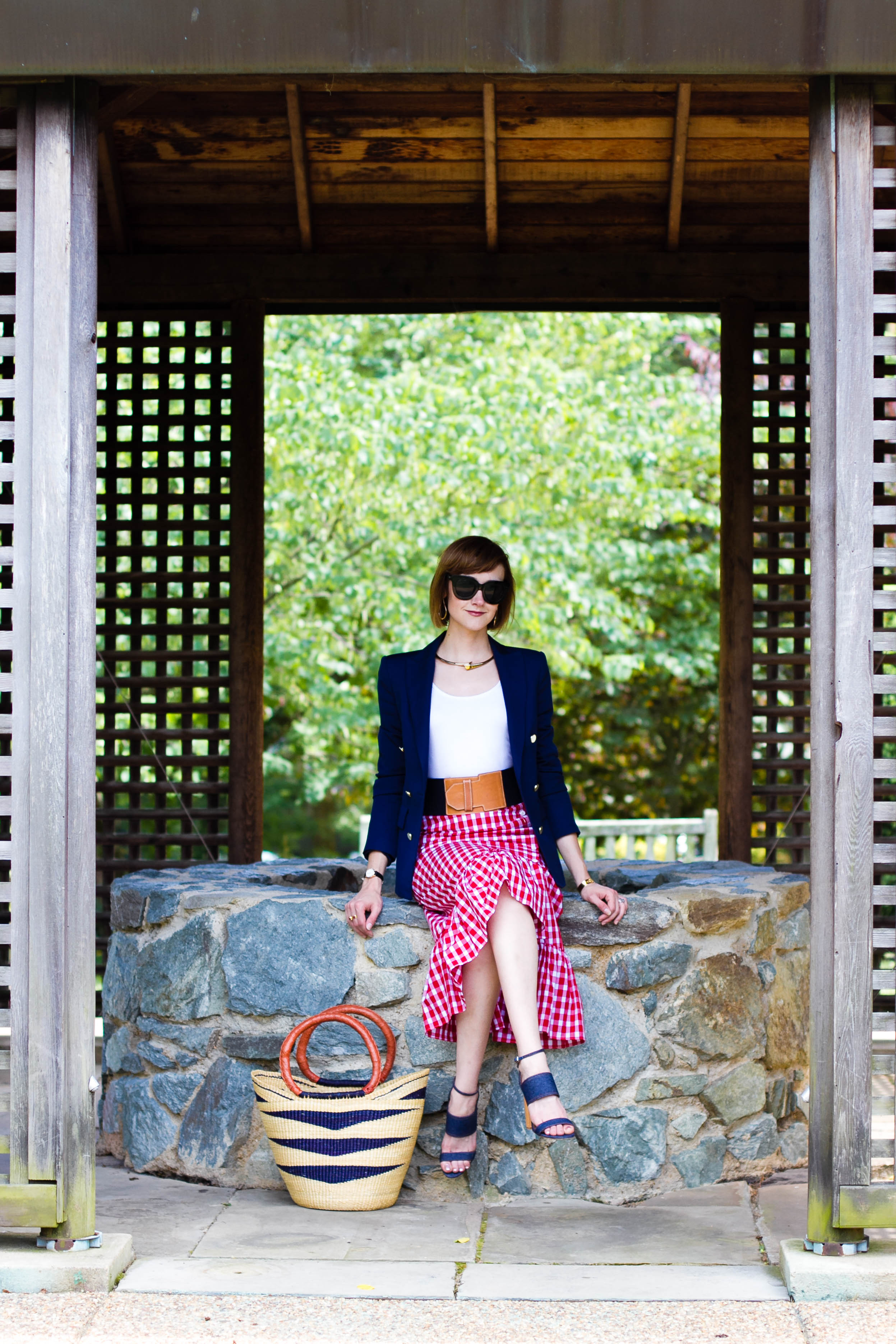 navy blazer, Zara gingham skirt, and straw bag