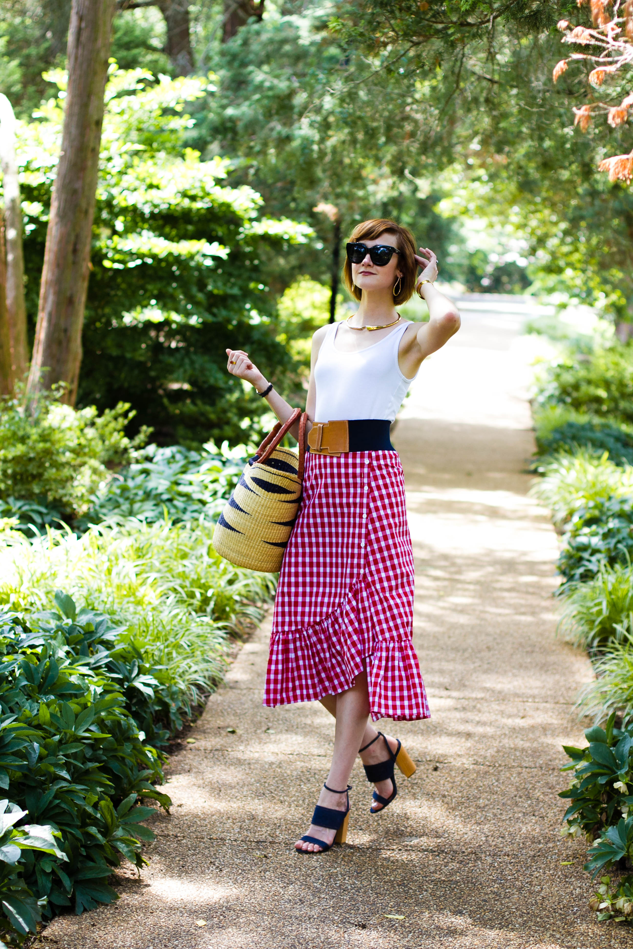 Zara gingham skirt, straw bag, and Tabitha Simmons sandals