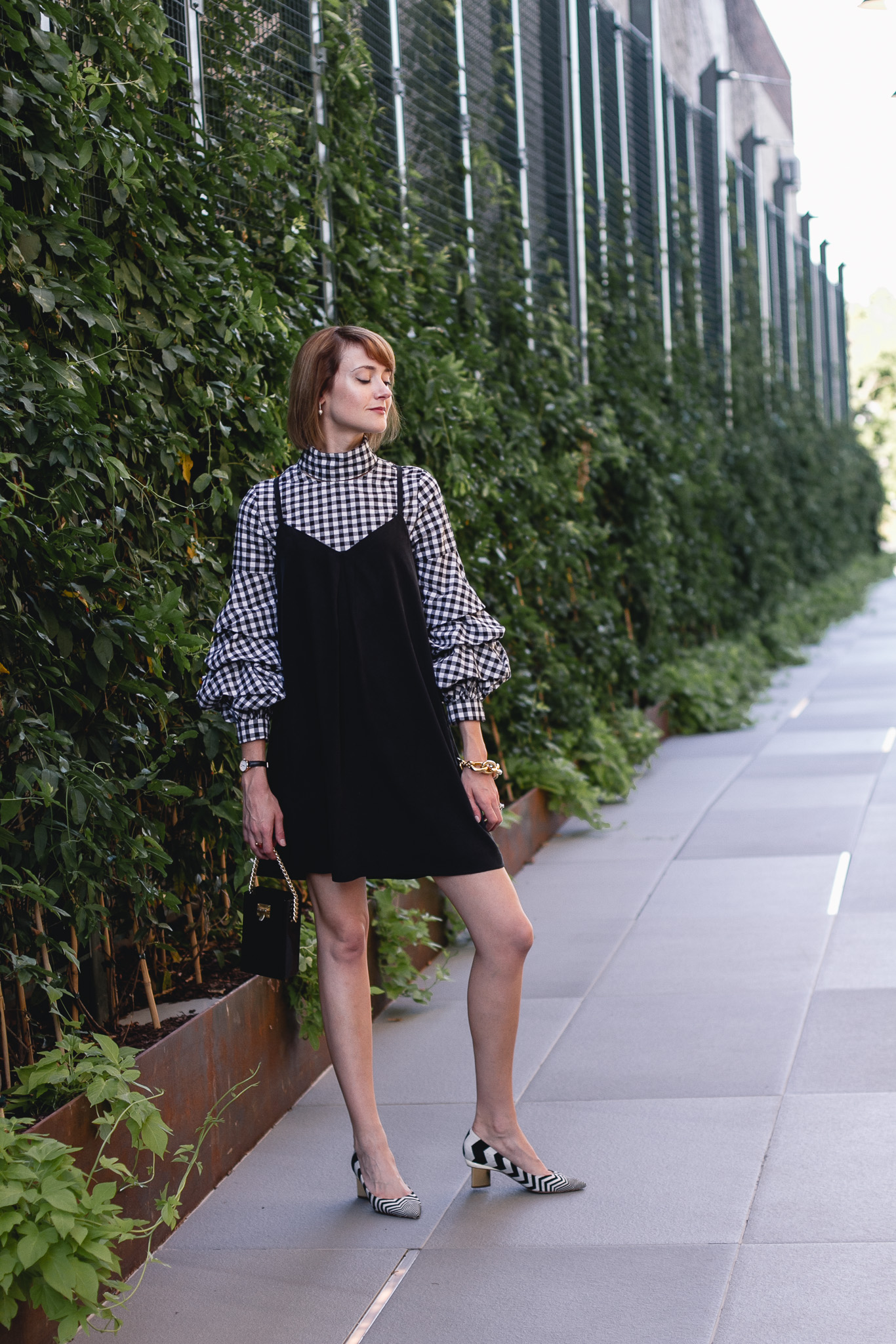 gingham top, Joie dress, and Nicholas Kirkwood heels