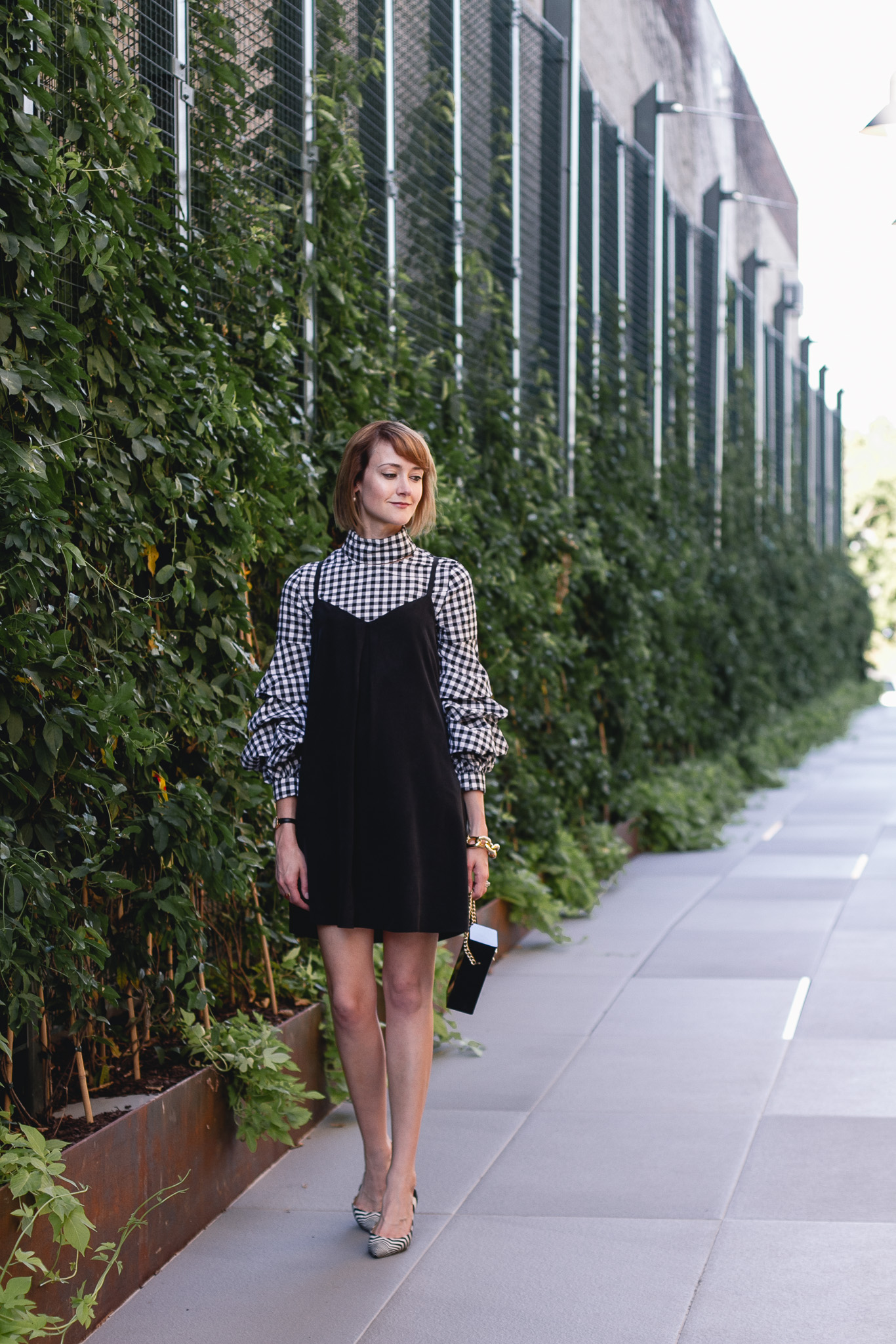 gingham top, Joie dress, and Nicholas Kirkwood heels