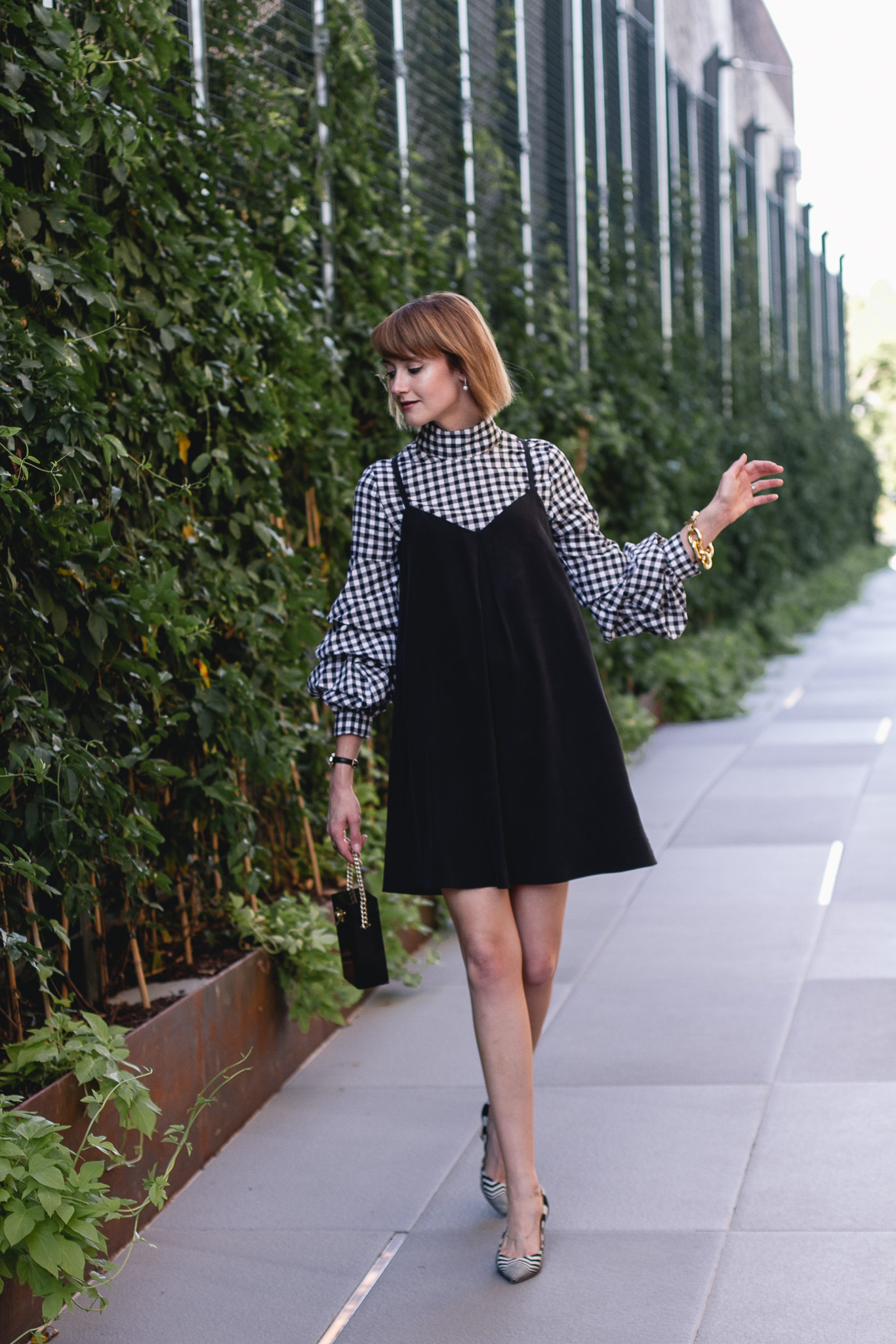 gingham top, Joie dress, and Nicholas Kirkwood heels