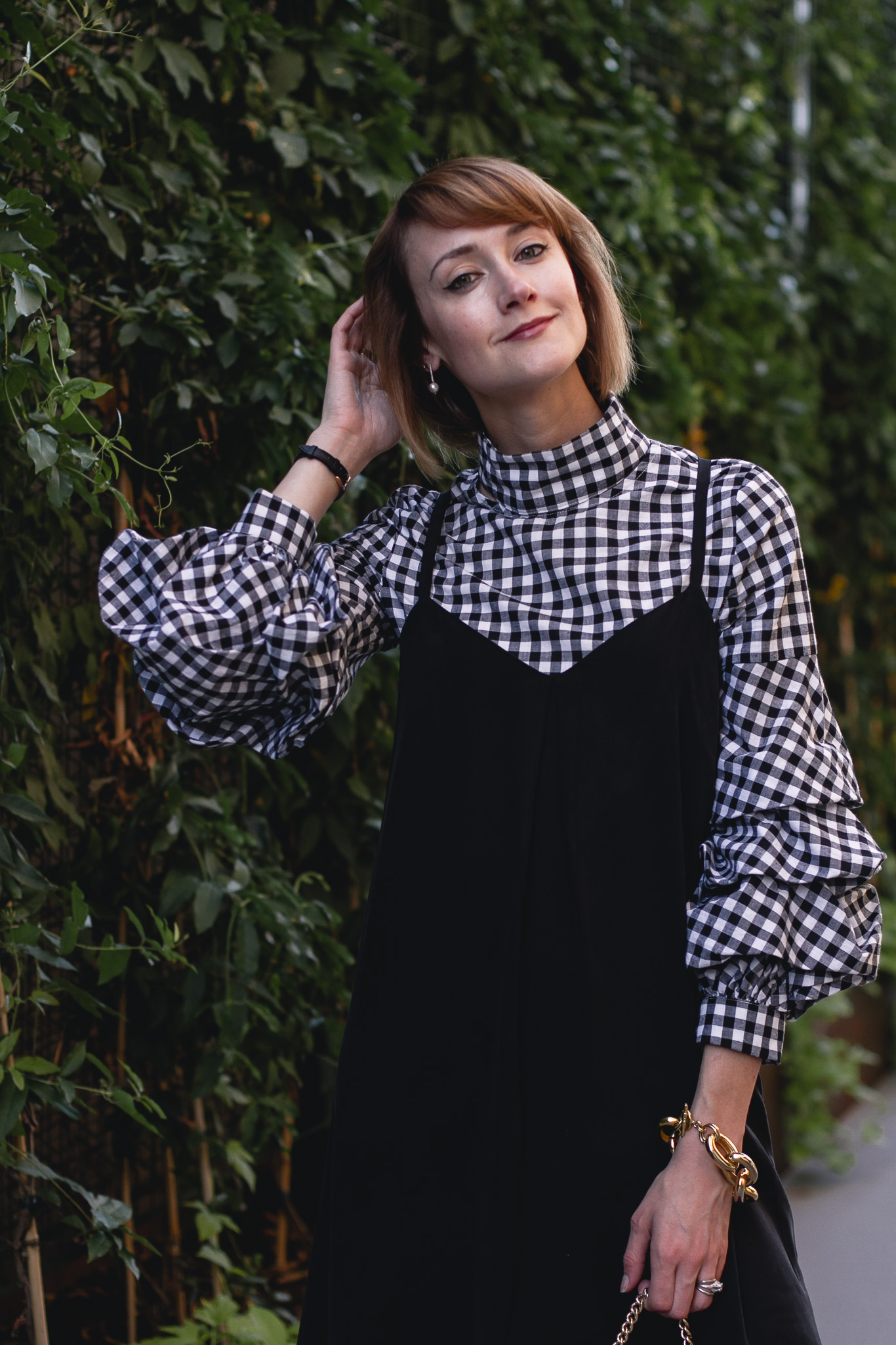 gingham top, Joie dress, and Cluse watch