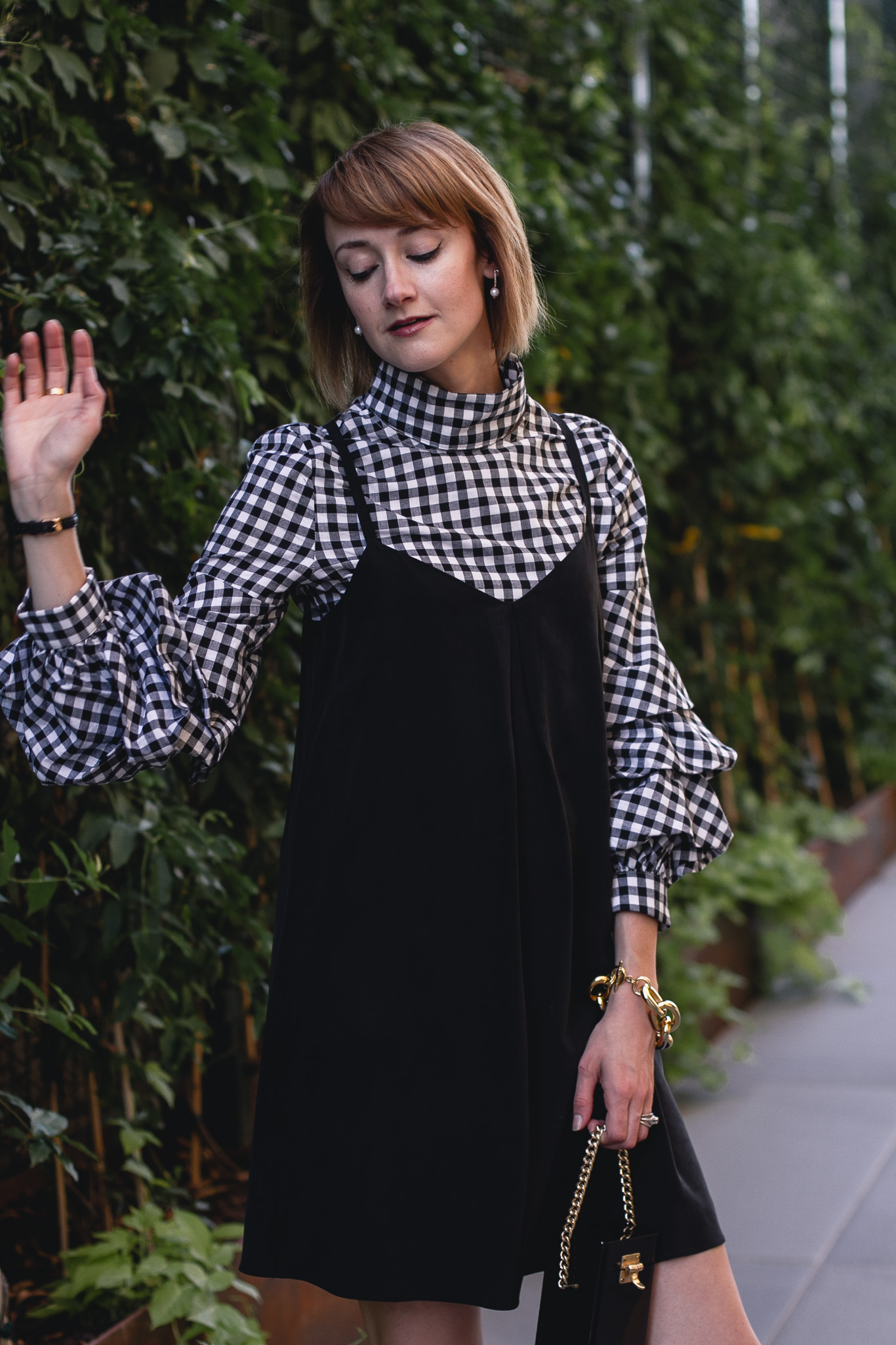 gingham top, Joie dress, and Cluse watch