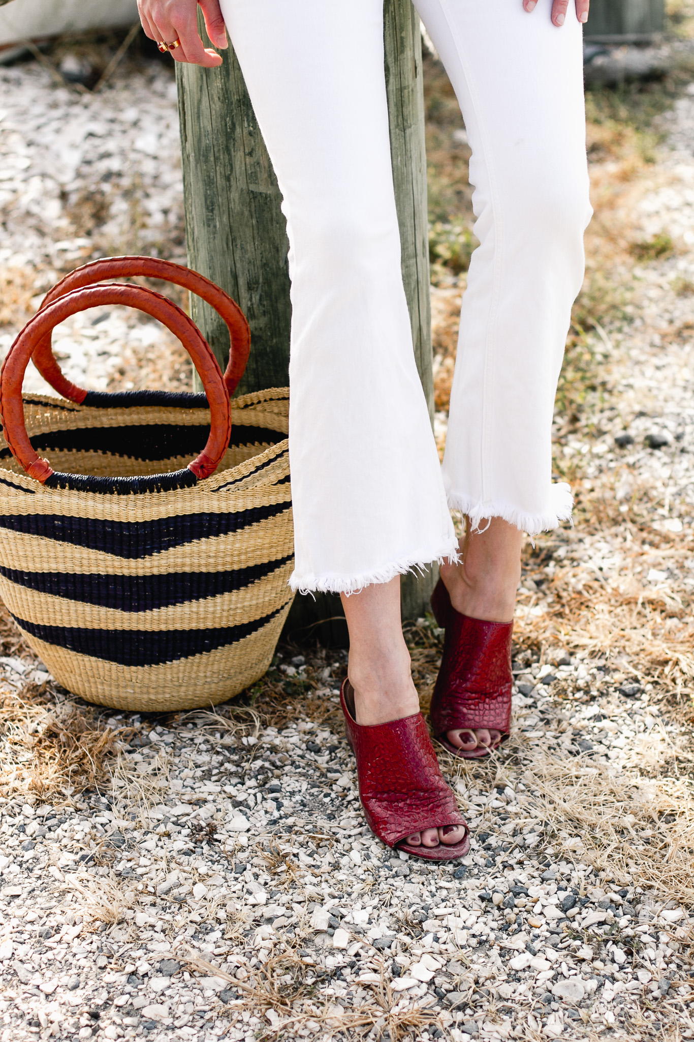 white denim, Donald J. Pliner mules, and straw bag