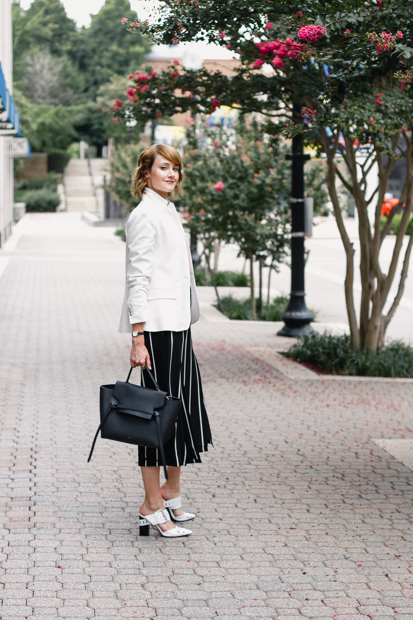 Zara white blazer and Mango striped culottes