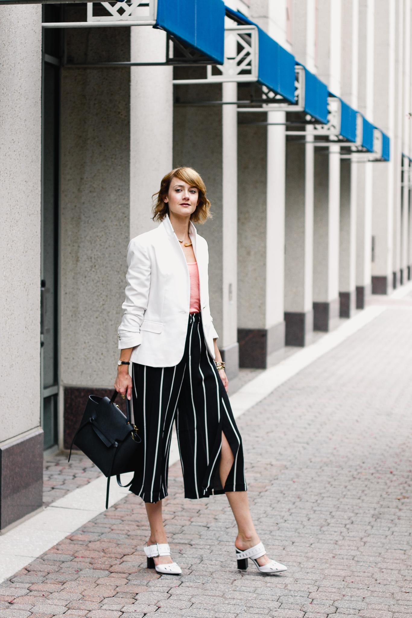 Zara white blazer and Mango striped culottes