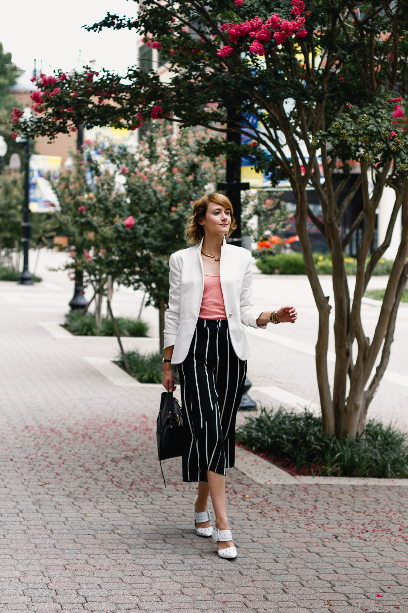 Zara white blazer and Mango striped culottes