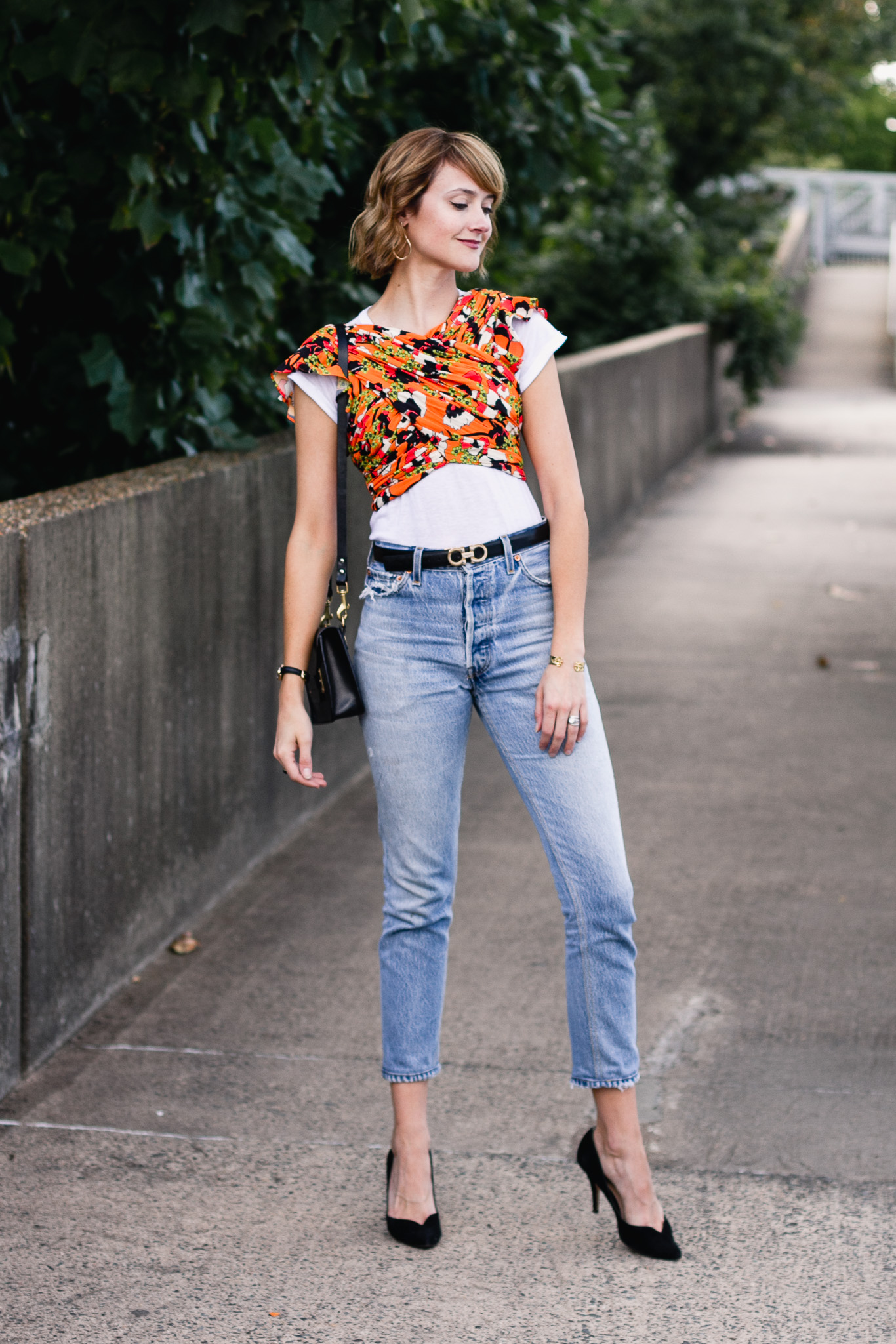 Mango crop top, Ferragamo belt, and Re/Done jeans