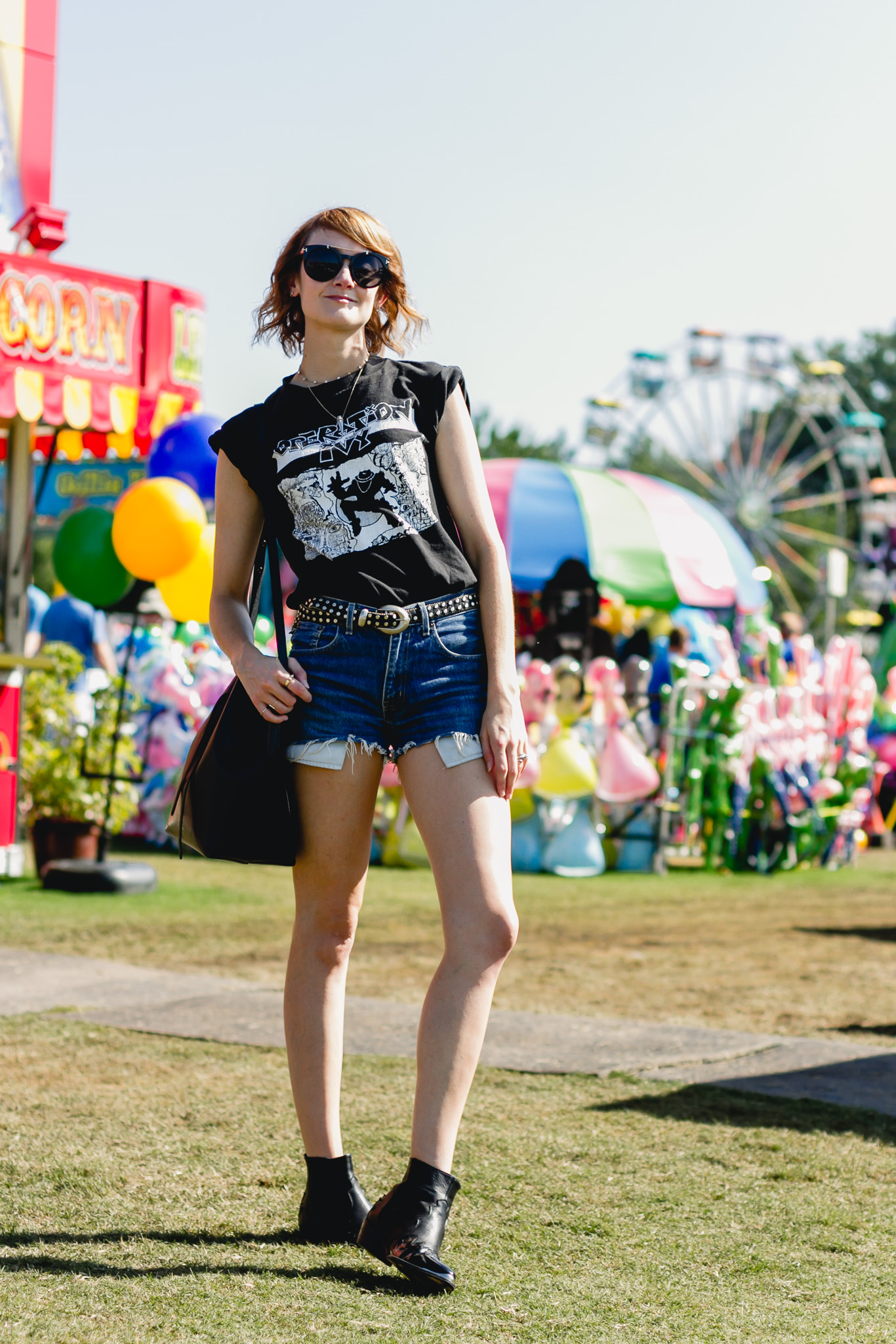 Op Ivy t-shirt, denim shorts, and Topshop western belt