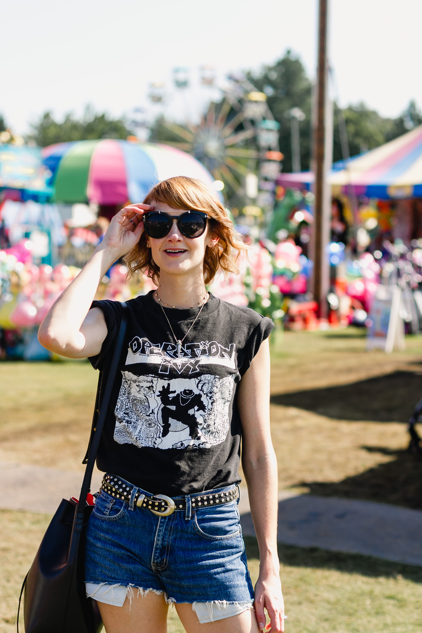 Op Ivy t-shirt, denim shorts, and Topshop western belt