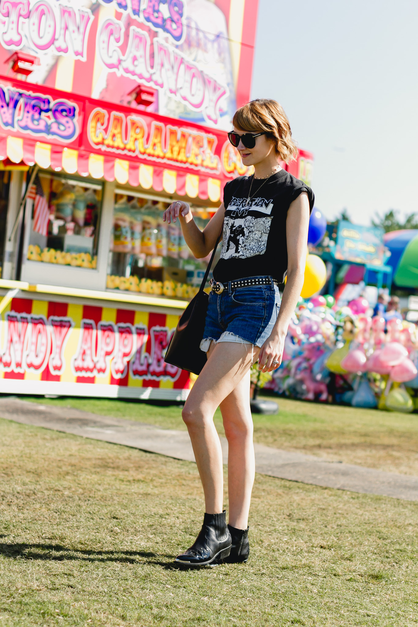 Op Ivy t-shirt, denim shorts, and Topshop western boots