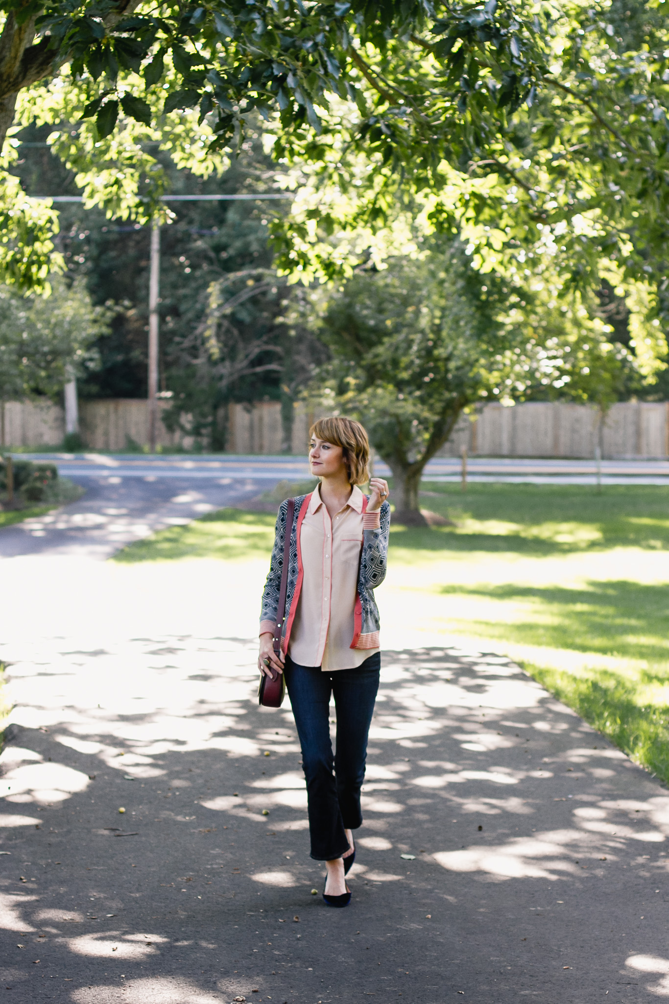 Tory Burch cardigan, Equipment button-down, and Frame jeans