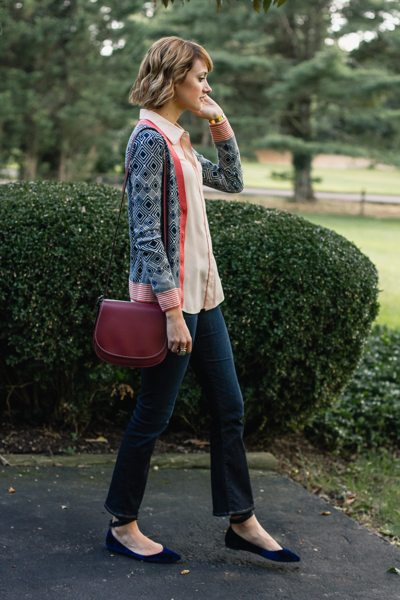 Tory Burch cardigan, Equipment button-down, and Frame jeans