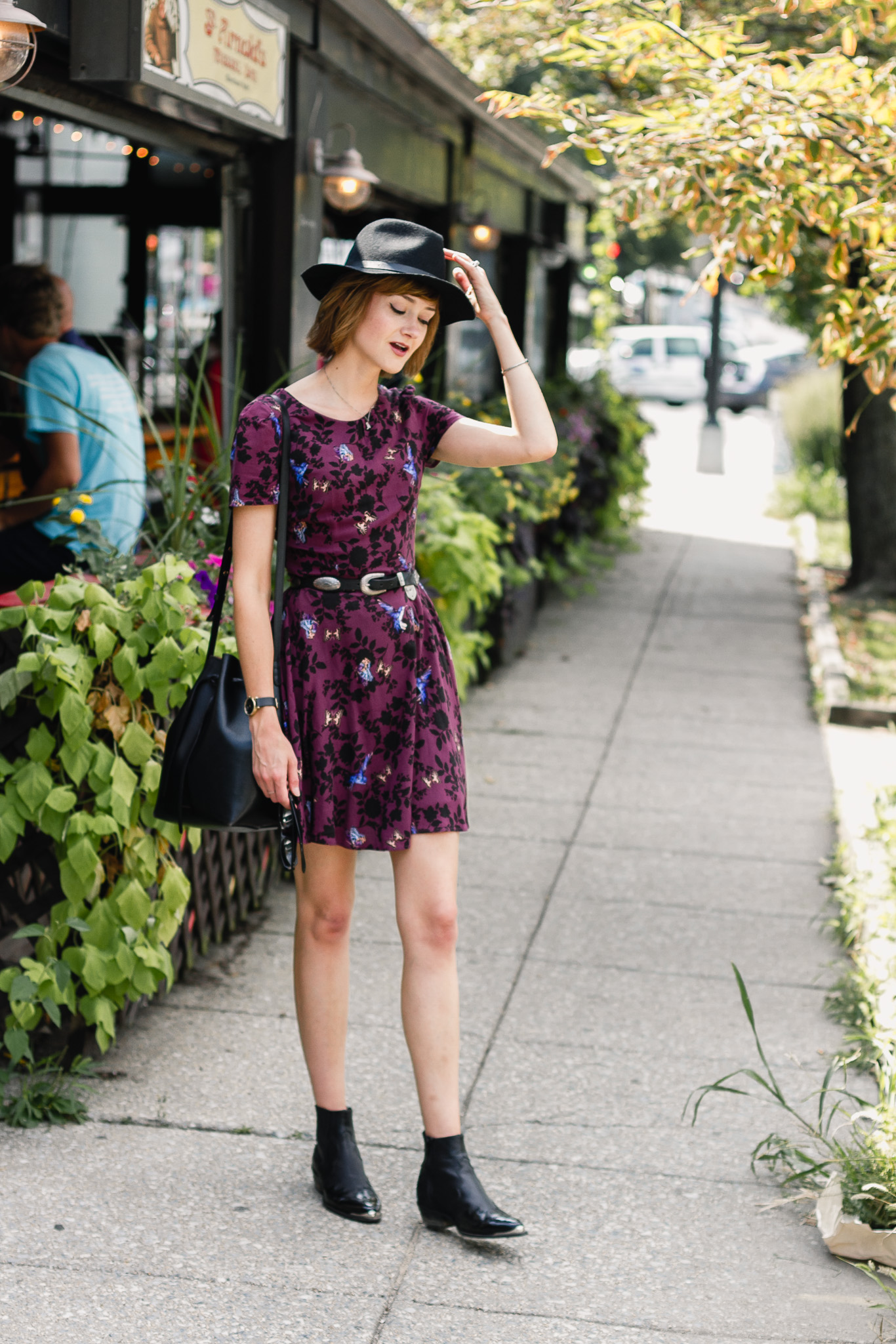 fedora, Oasis dress, and Topshop ankle boots