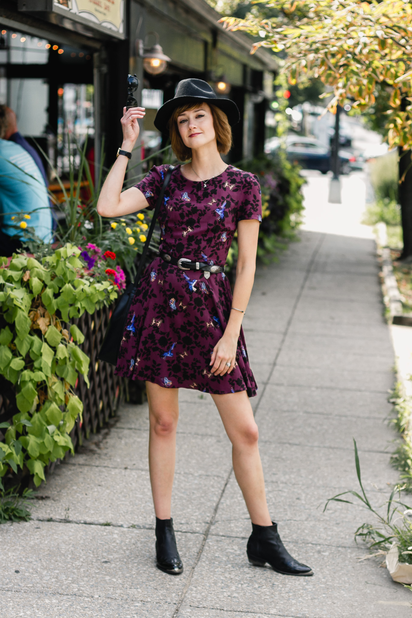 fedora, Oasis dress, and Topshop ankle boots