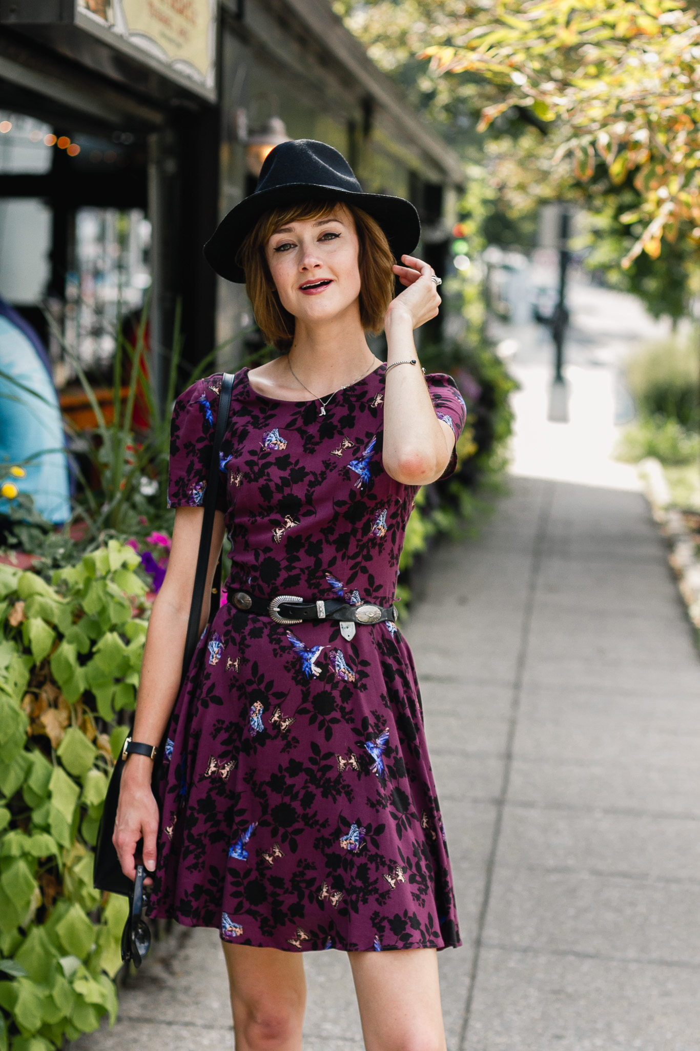 fedora, Oasis dress, and western belt