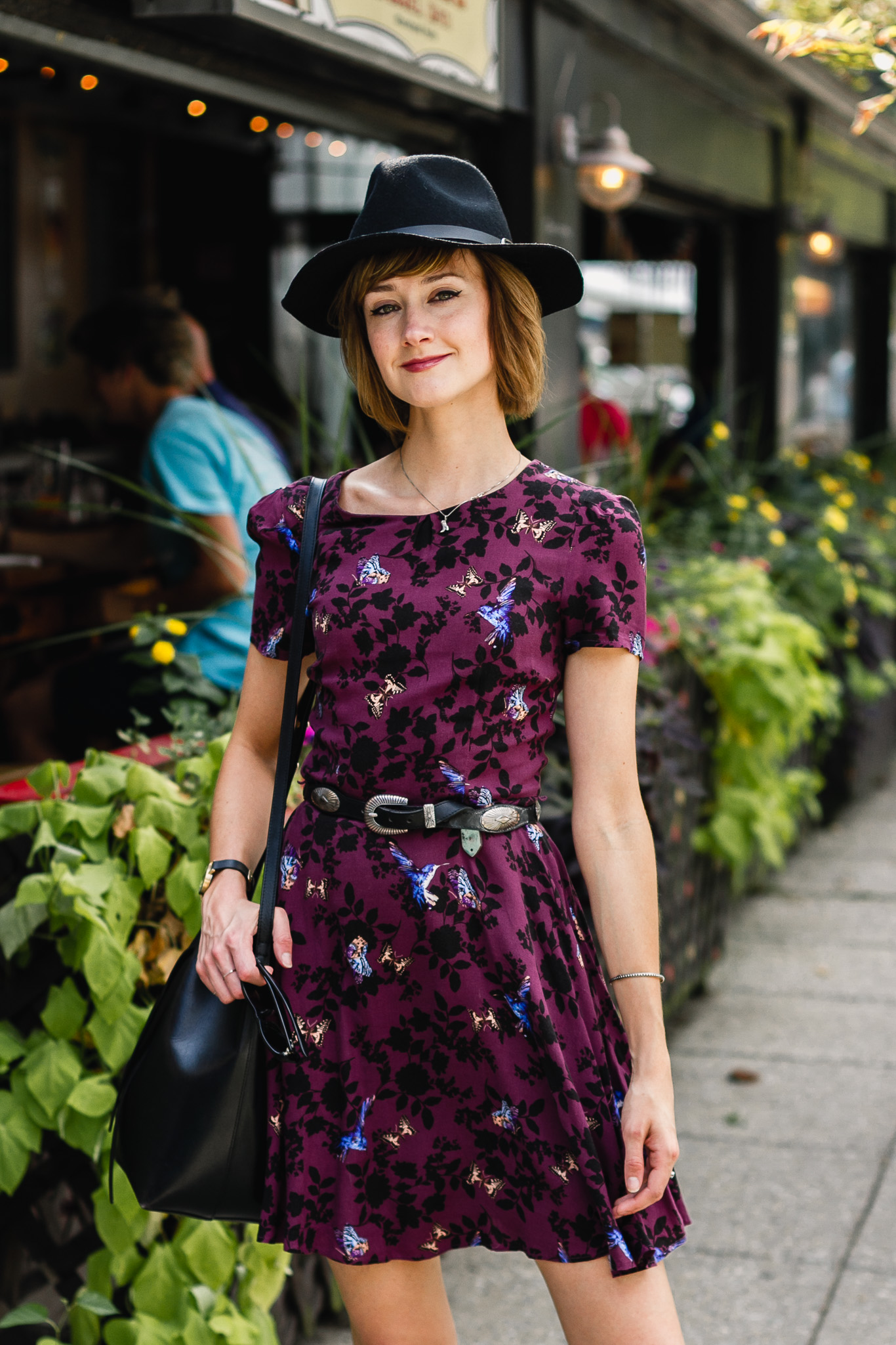 fedora, Oasis dress, and western belt