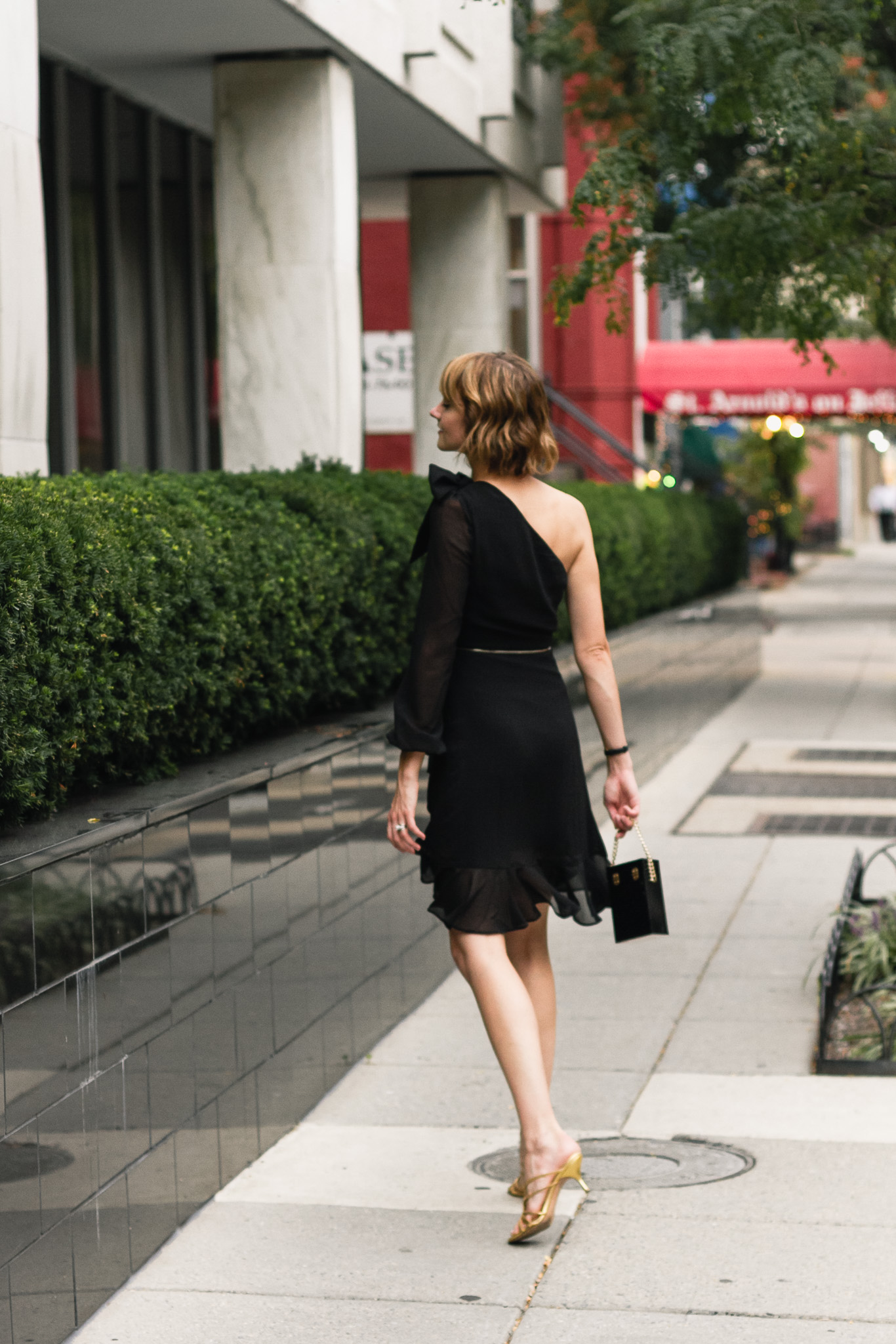 Mango asymmetrical dress and Alexander McQueen sandals