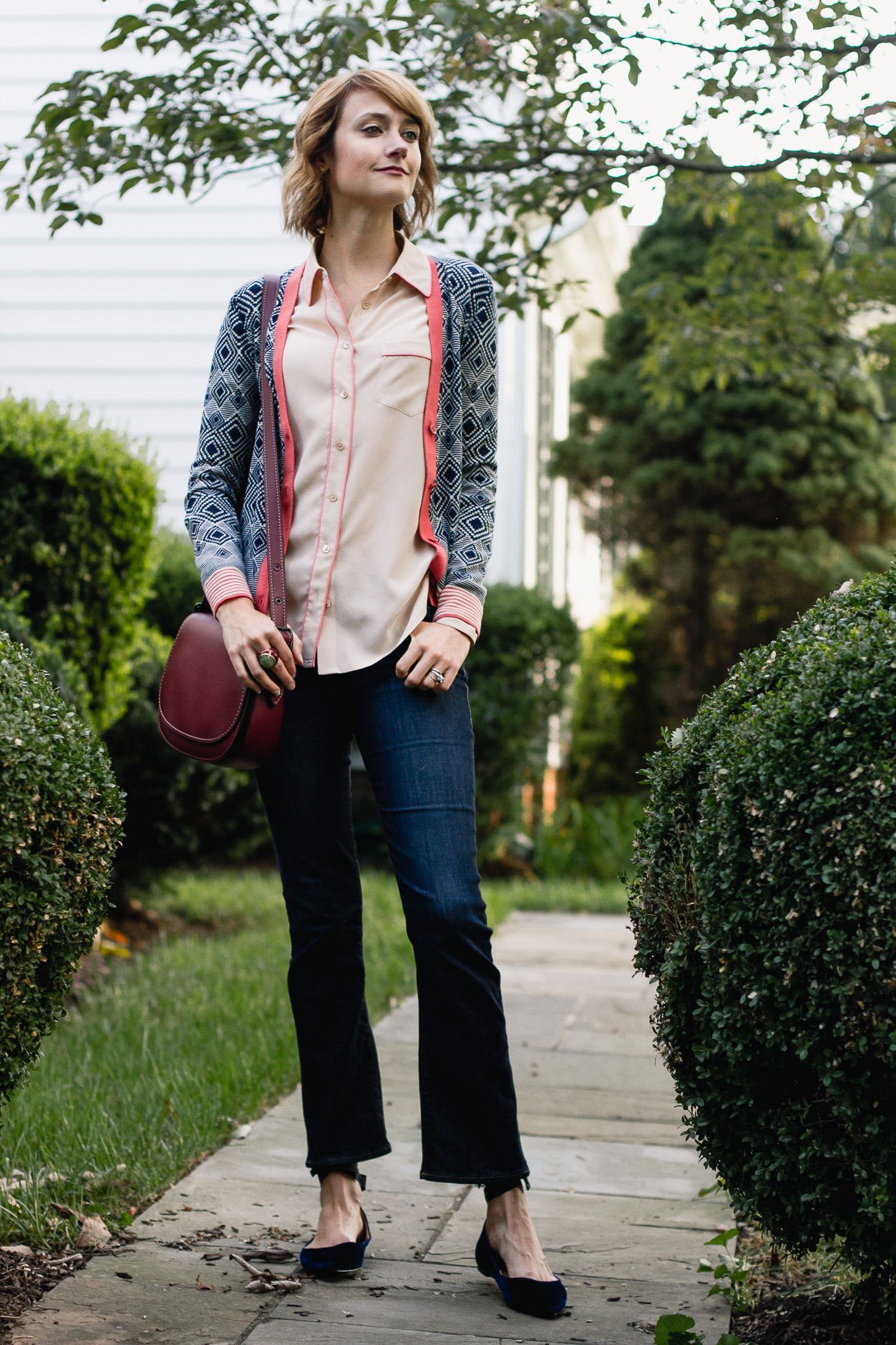 Tory Burch cardigan, Equipment button-down, and Frame jeans