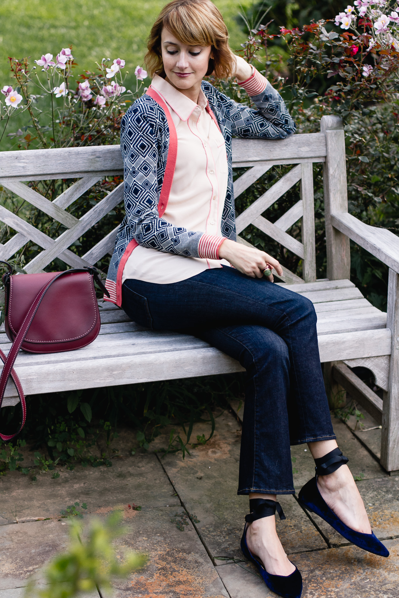 Tory Burch cardigan, Equipment button-down, and Frame jeans