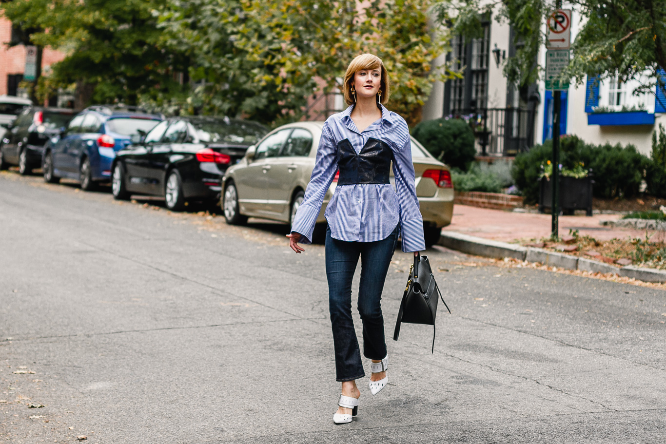 Mango bustier, pinstripe shirt, Frame jeans, Genuine People mules