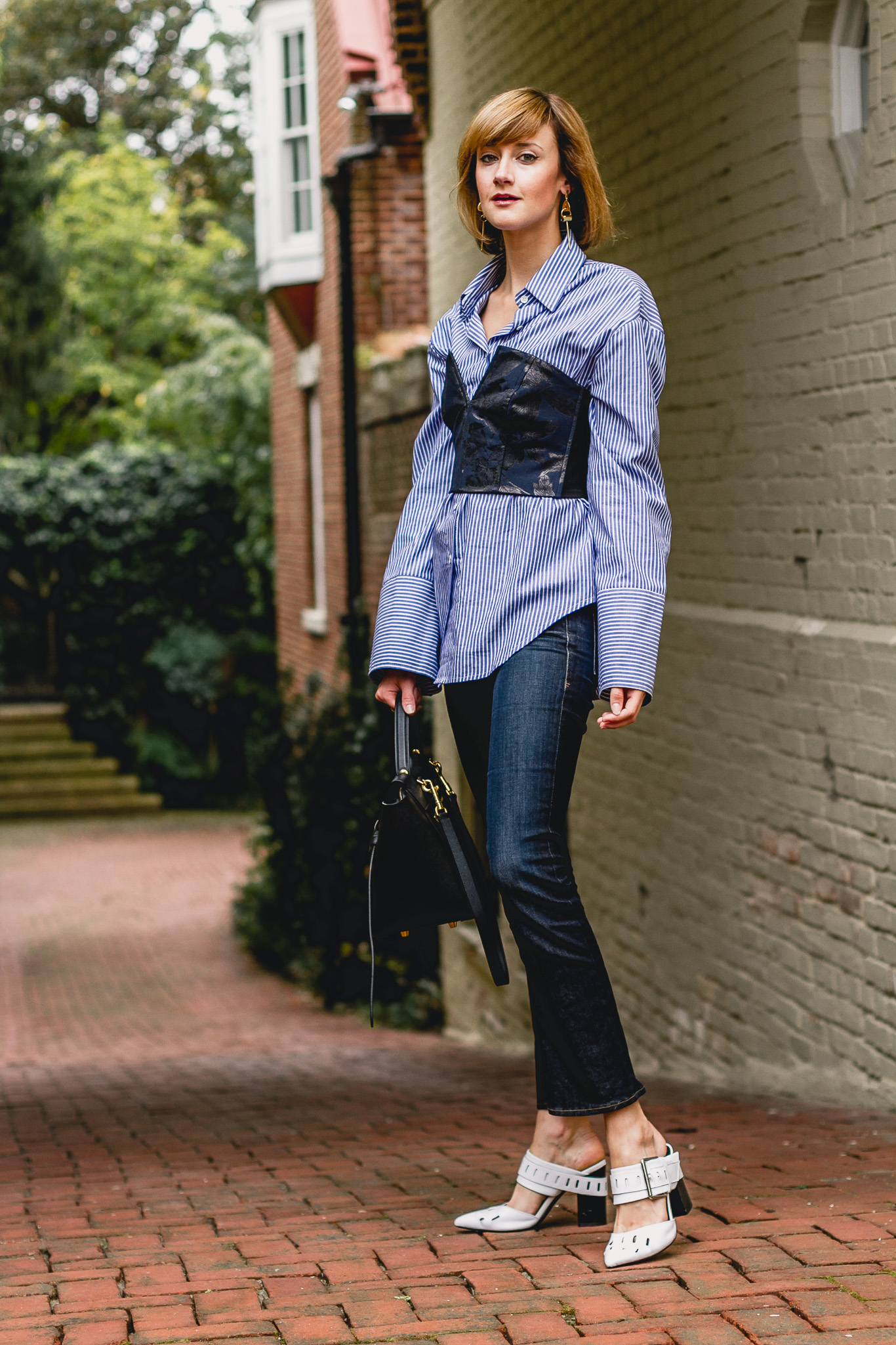 Mango bustier, pinstripe shirt, Frame jeans, Genuine People mules