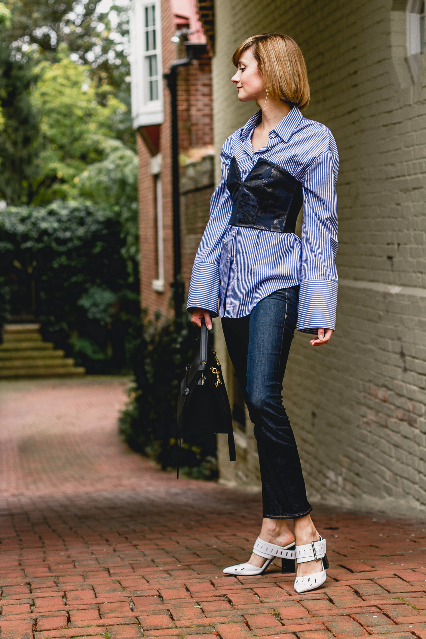 Mango bustier, pinstripe shirt, Frame jeans, Genuine People mules