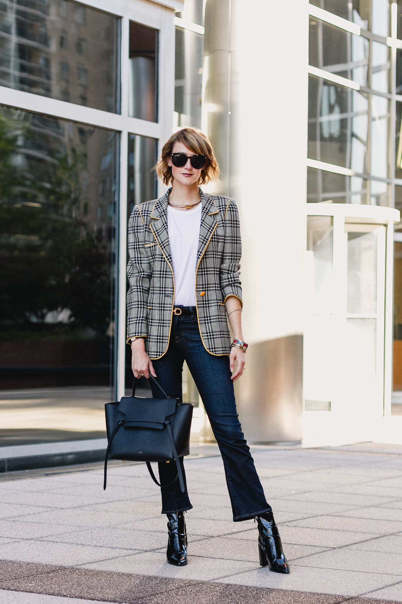 Ungaro plaid blazer, Ferragamo belt, Frame jeans