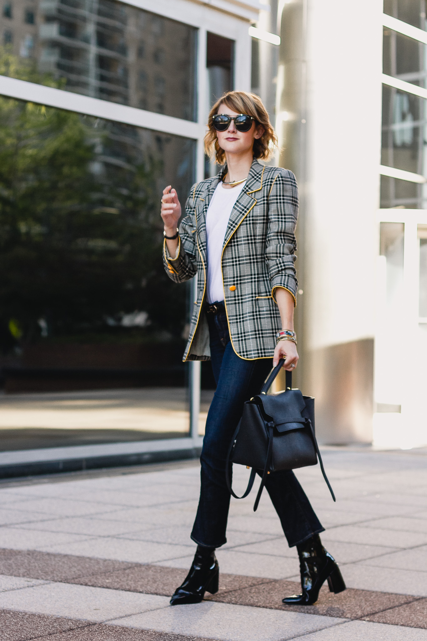 Ungaro plaid blazer, Ferragamo belt, Frame jeans