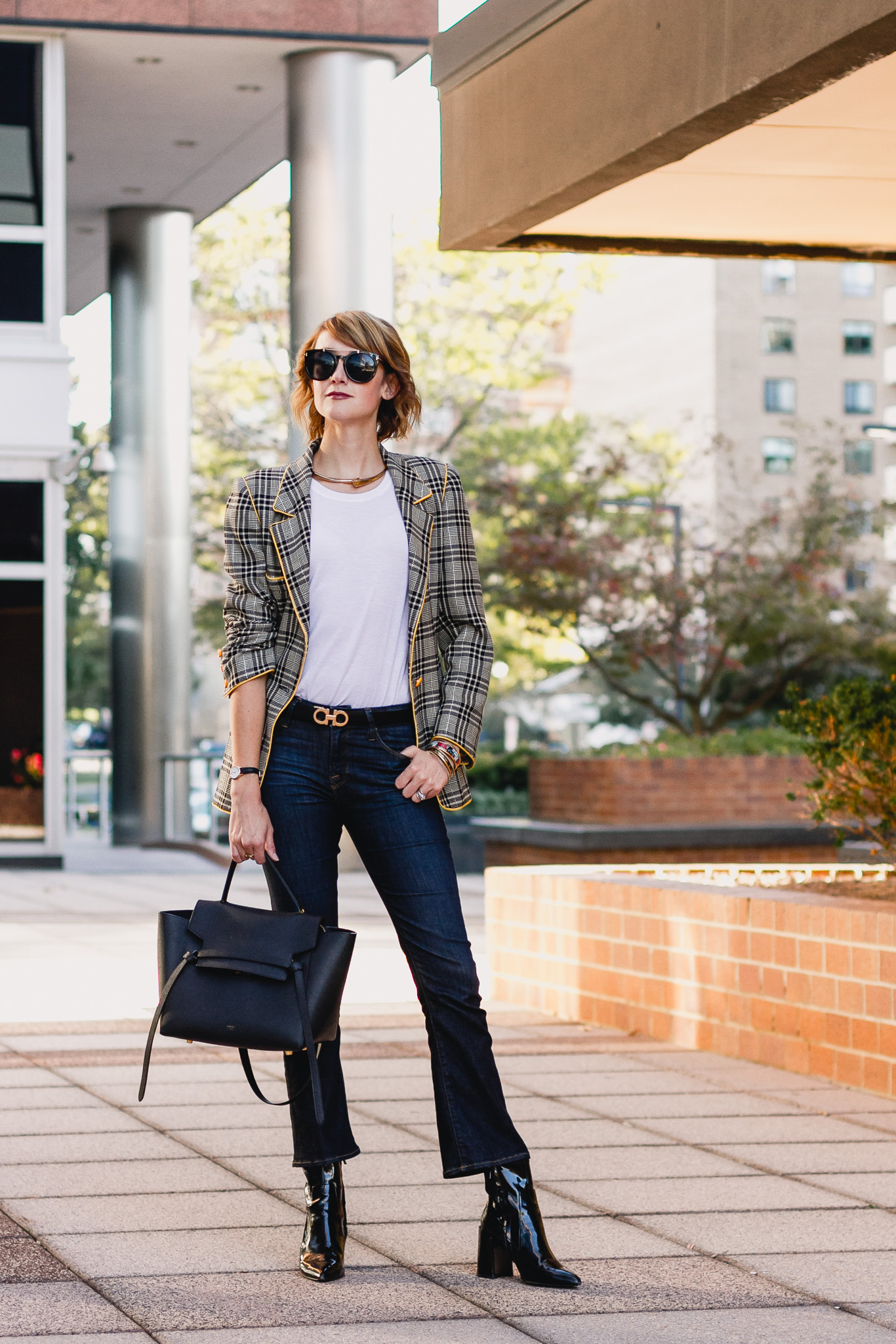 Ungaro plaid blazer, Ferragamo belt, Frame jeans