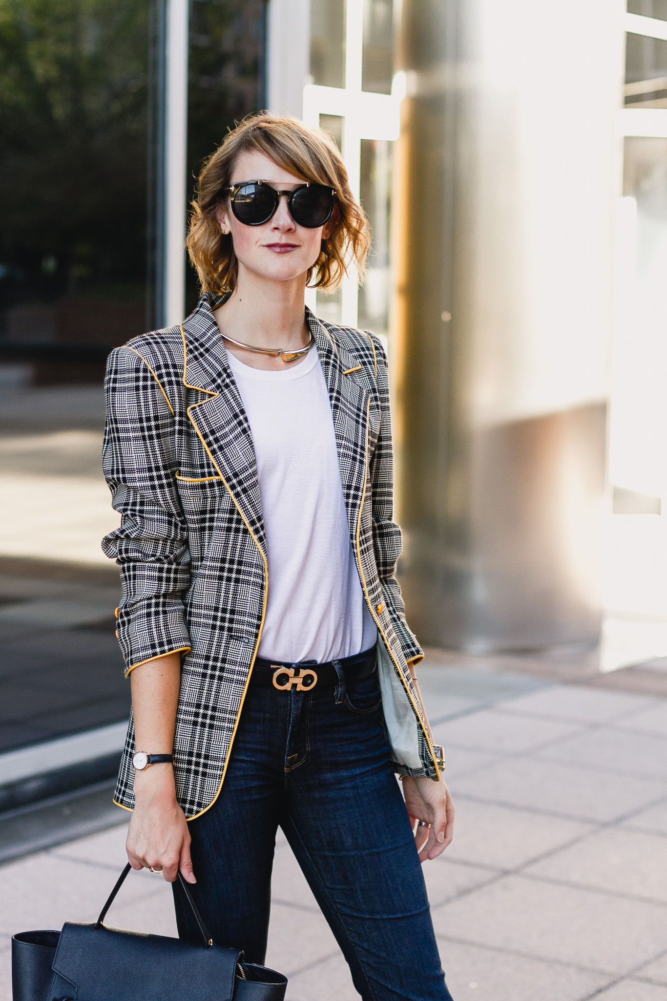 Ungaro plaid blazer, Ferragamo belt, Frame jeans