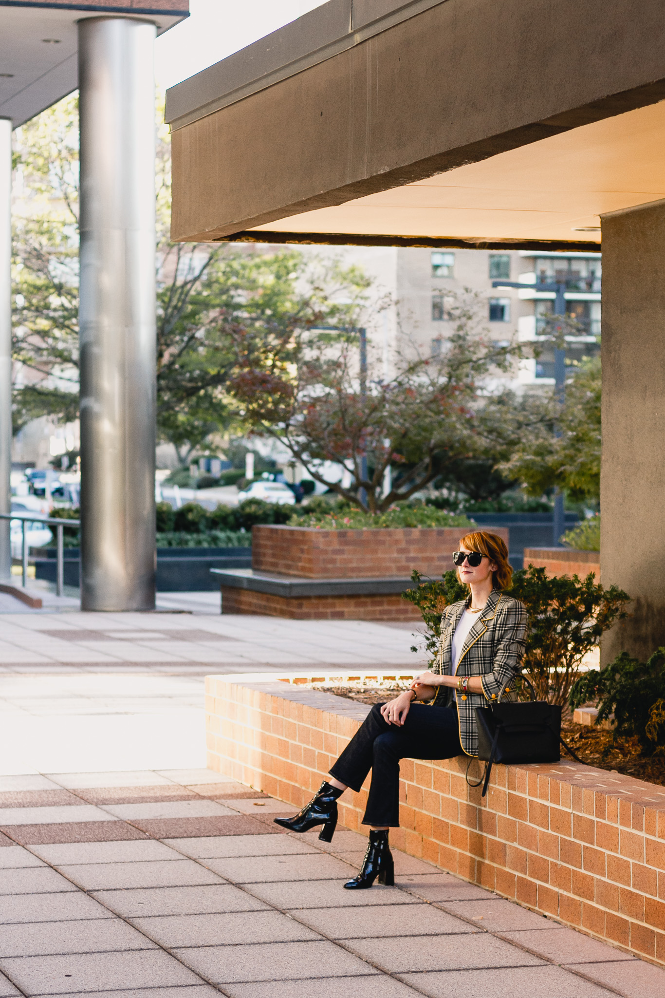 Ungaro plaid blazer, Ferragamo belt, Frame jeans