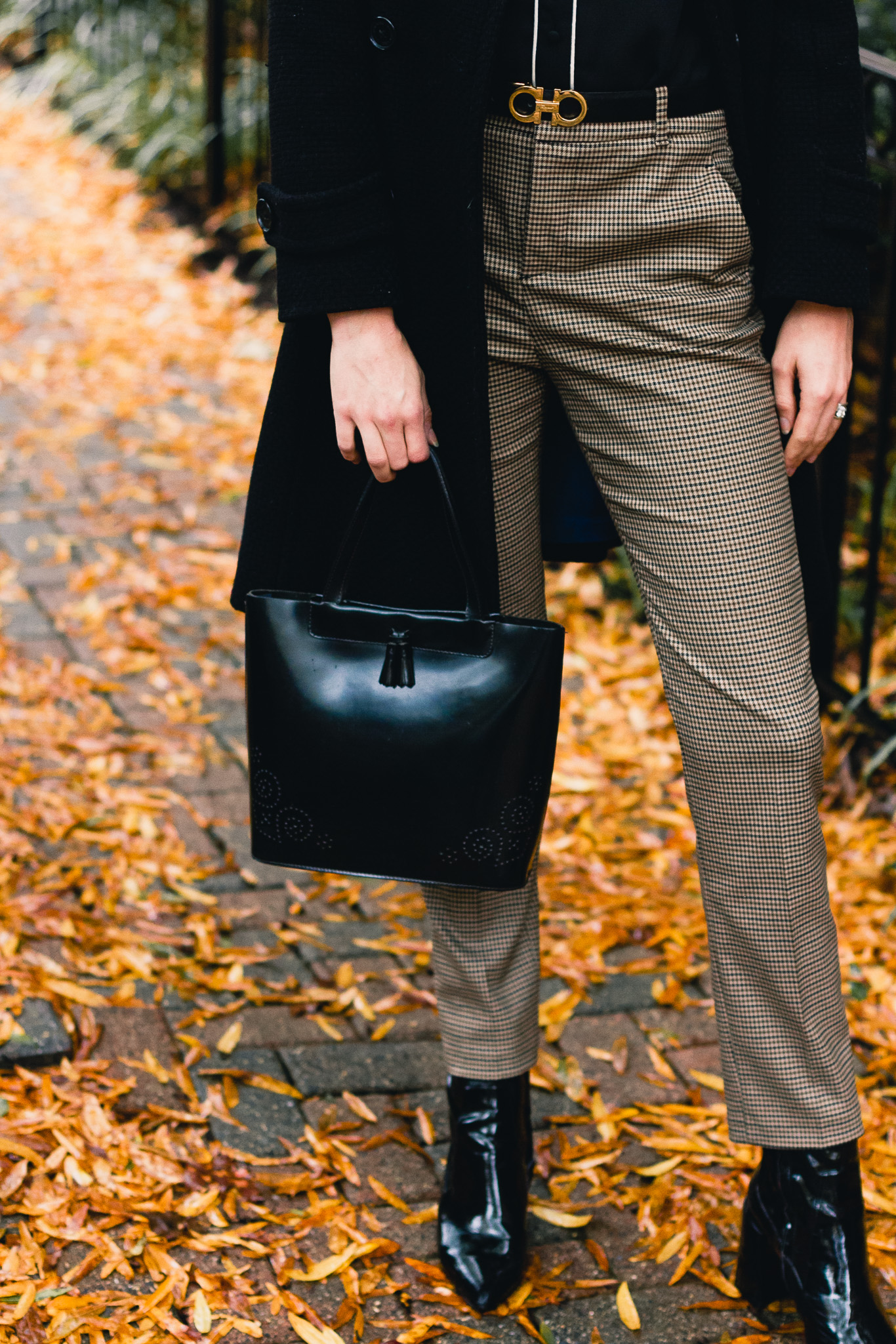 Zara plaid pants, Lamarthe patent tote, Mango ankle boots