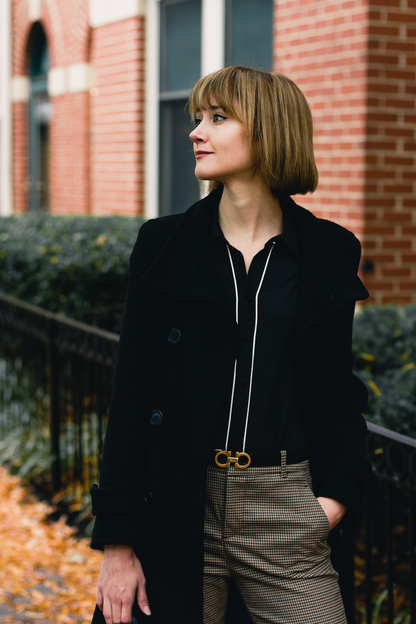 Target shirt, Ferragamo belt, Zara plaid pants