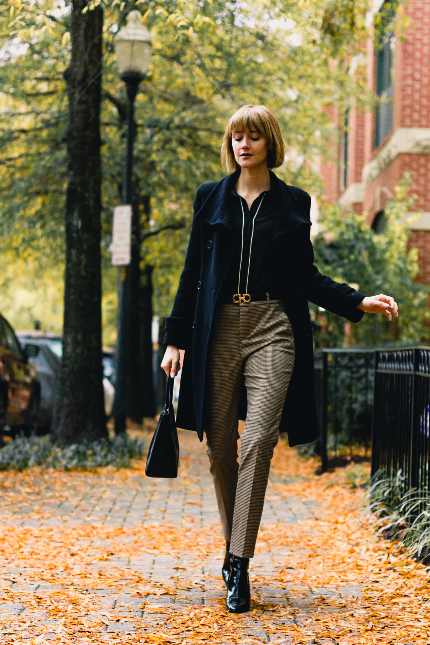 Marc New York coat, Zara plaid pants, and Mango boots