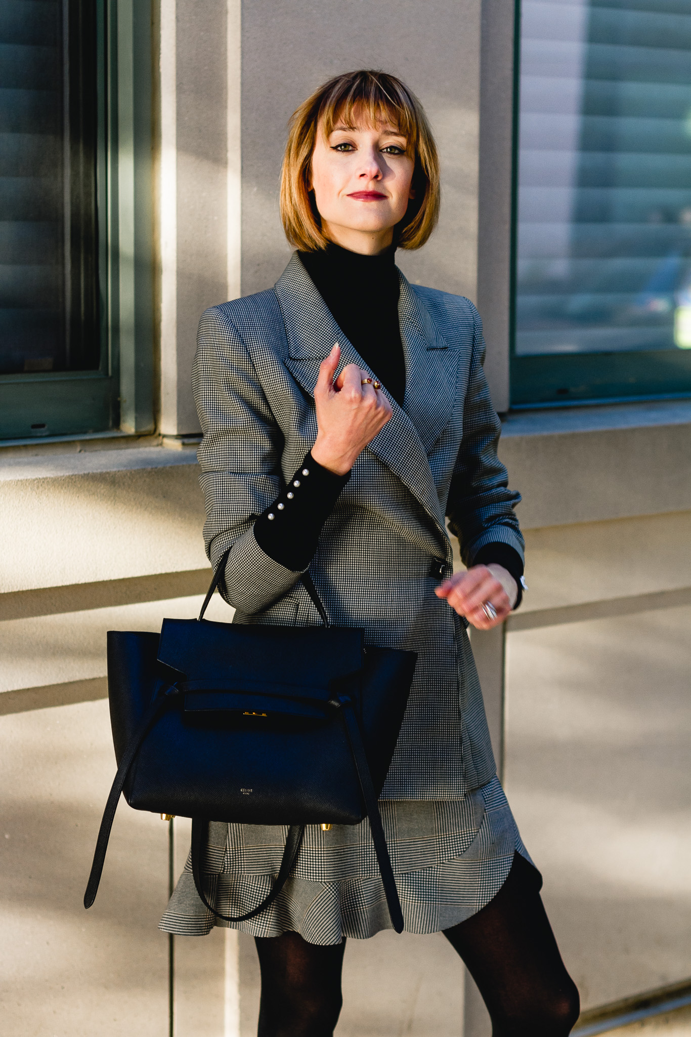 vintage blazer, Zara plaid skirt, and Celine bag