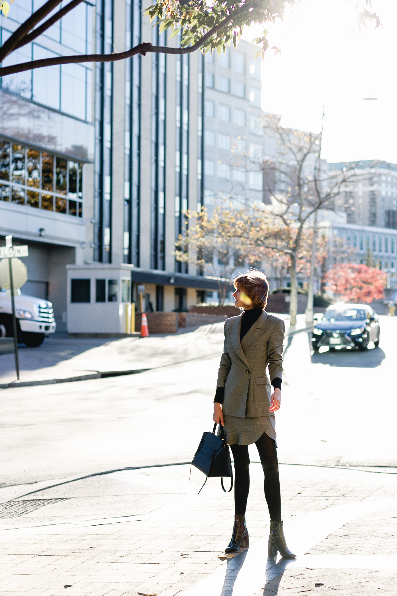 vintage blazer, Zara plaid skirt, and Mango patent boots