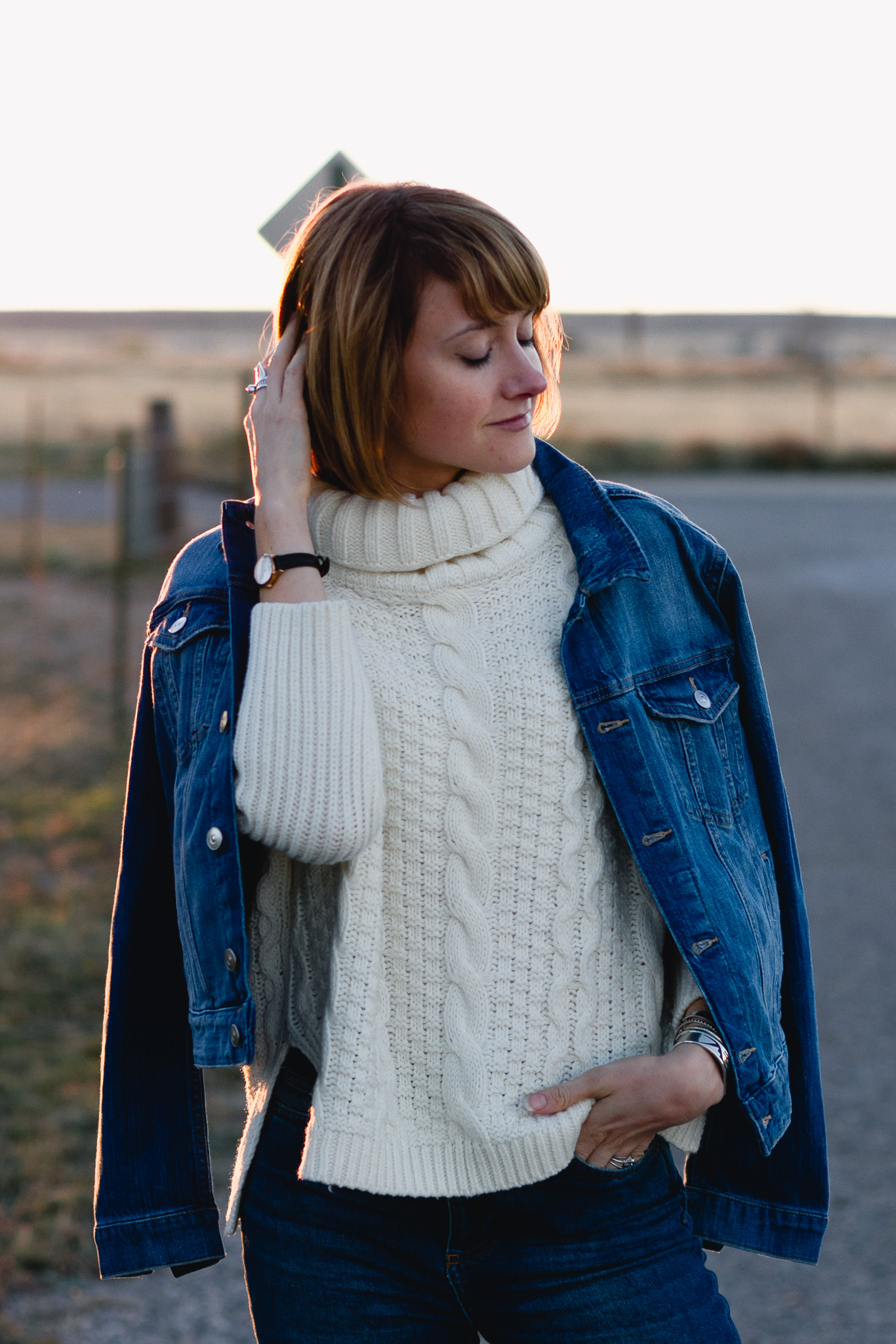 H&M denim jacket and cableknit sweater