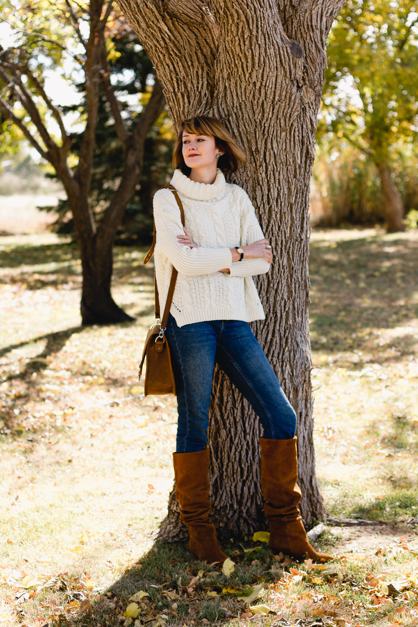 cropped cableknit, Topshop jeans, Jeffrey Campbell slouchy boots