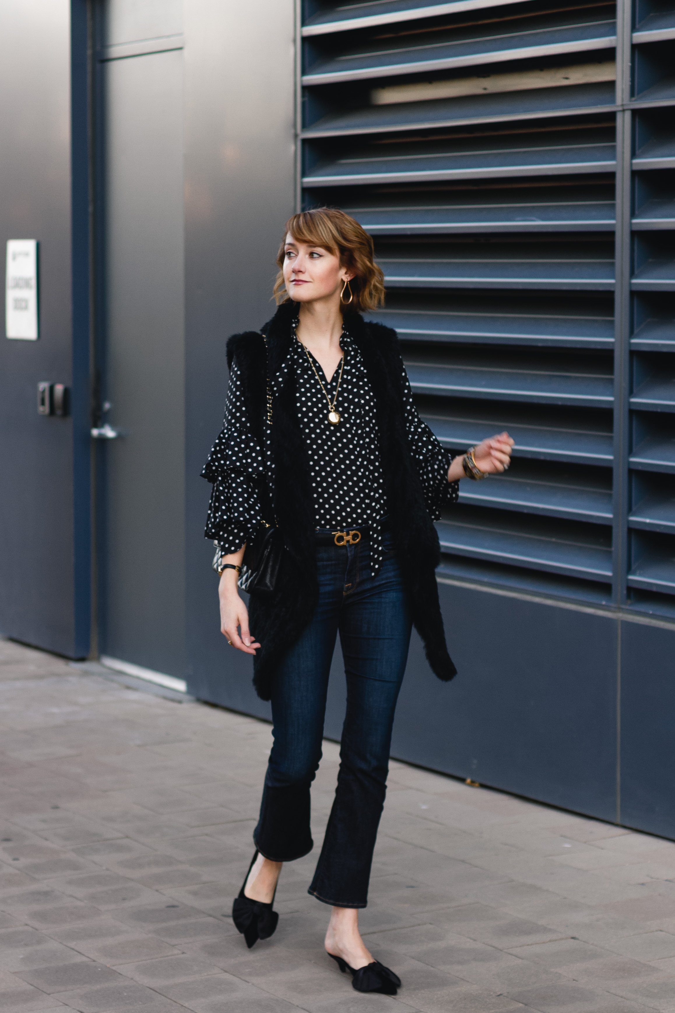 polka dot blouse, fur vest & Frame jeans