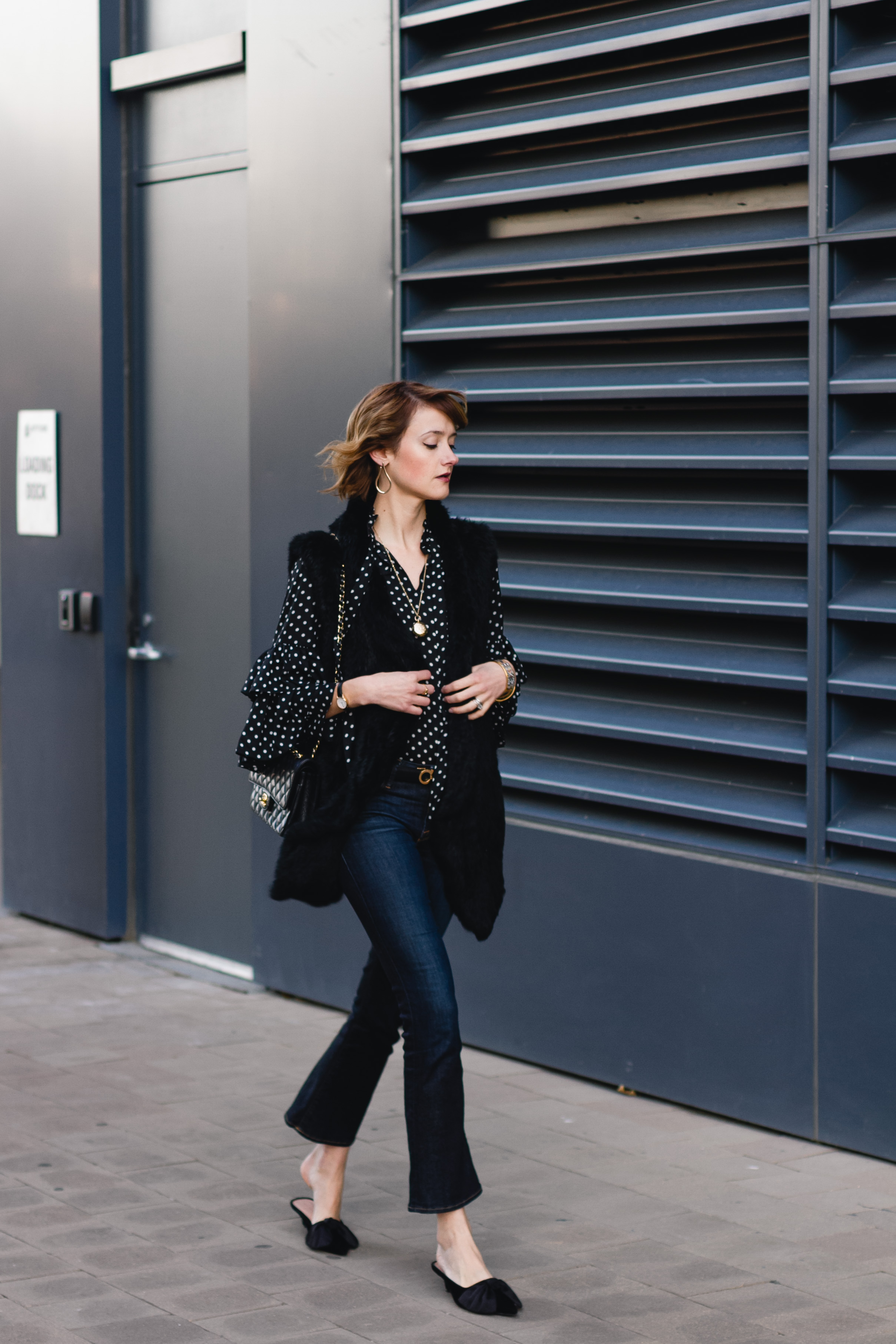 polka dot blouse, fur vest & Frame jeans