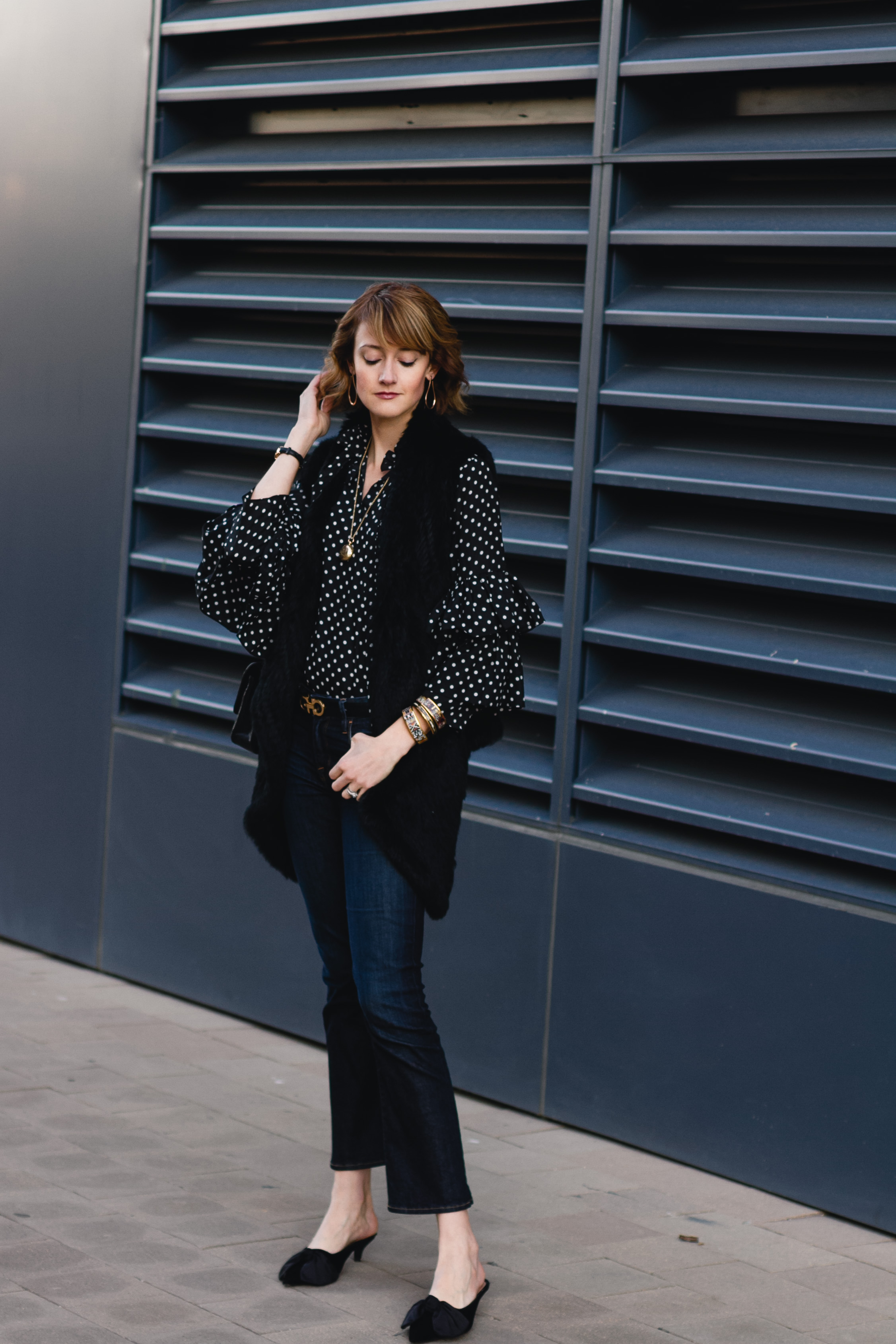 polka dot blouse, fur vest & Frame jeans