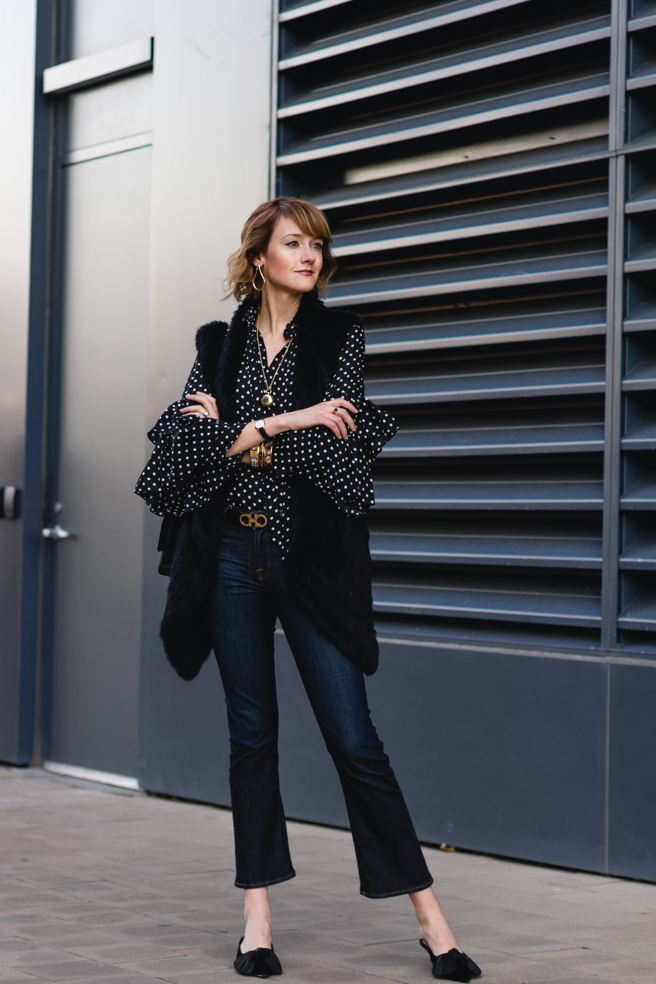 polka dot blouse, fur vest & Frame jeans