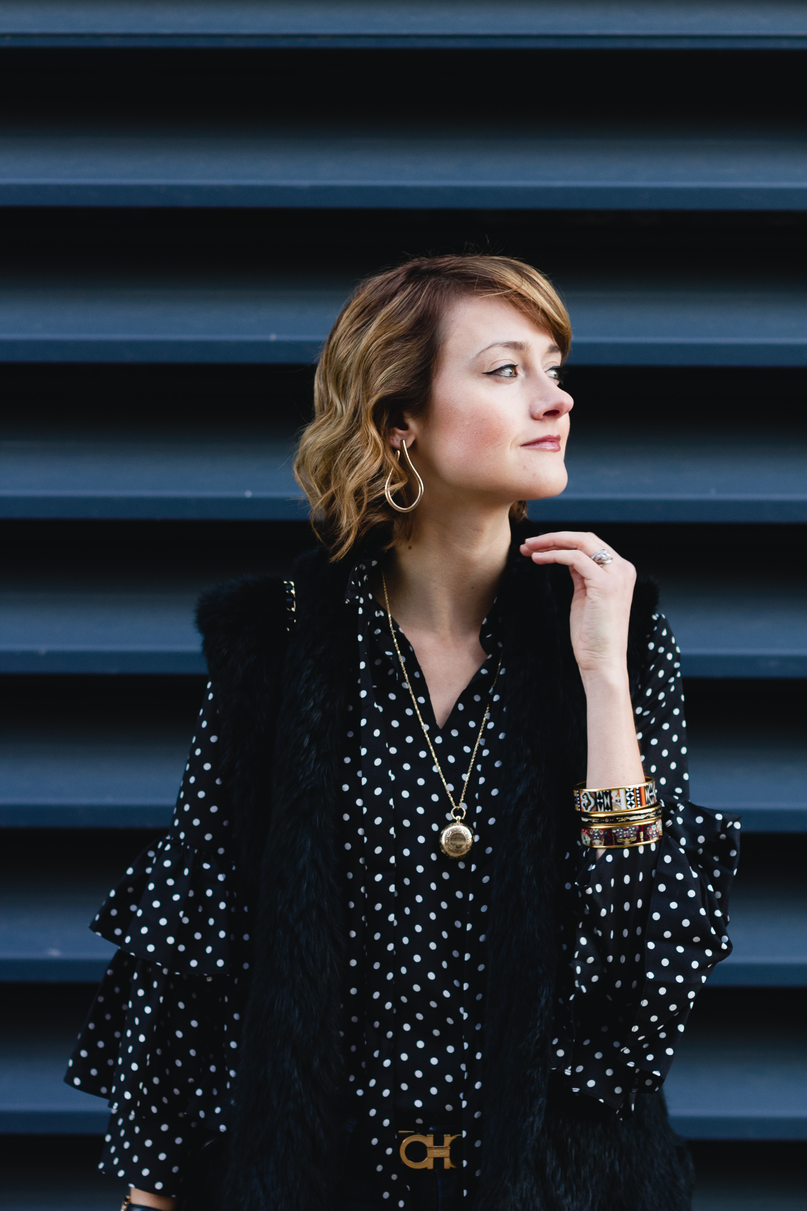 polka dot blouse, fur vest & Ferragamo belt