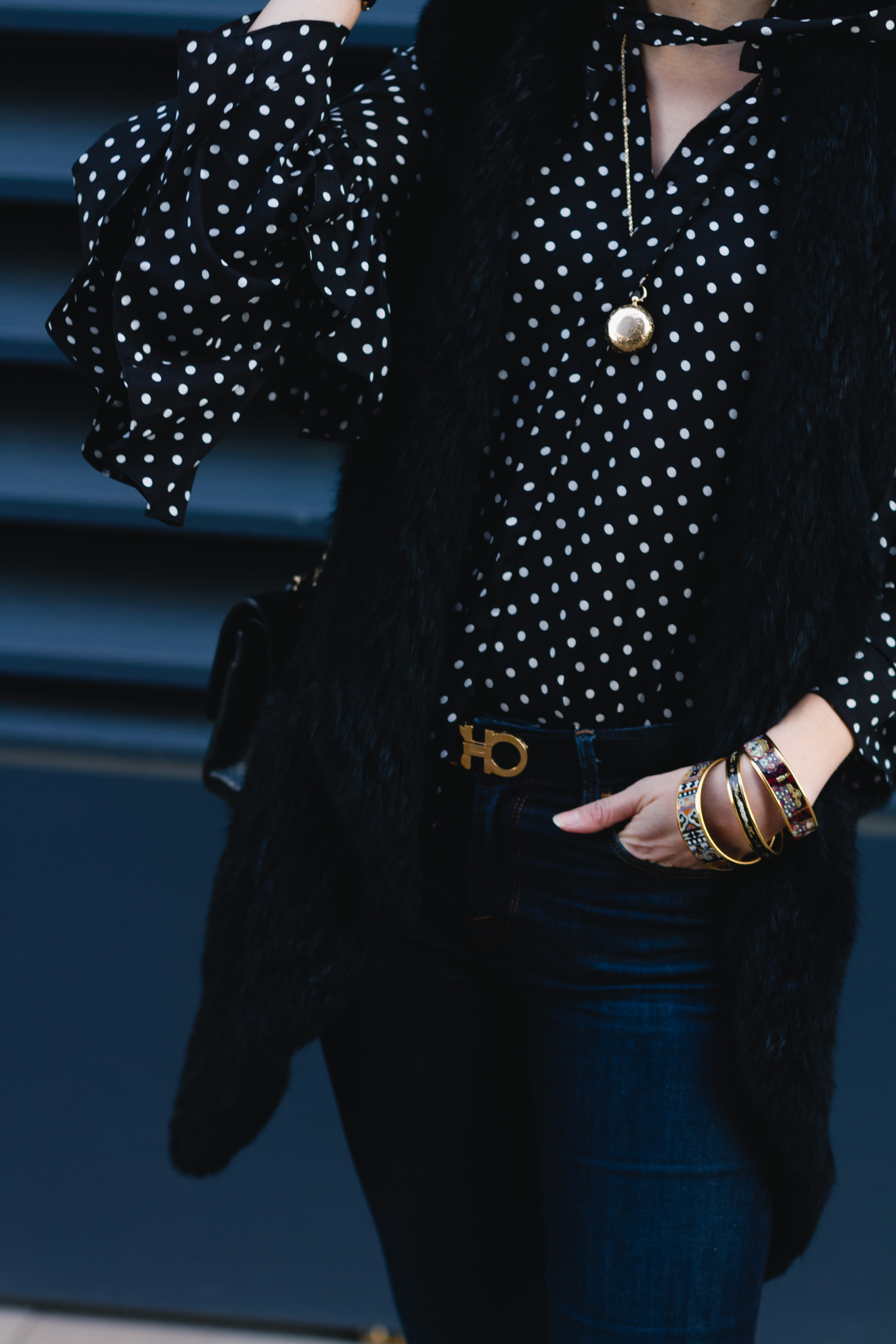polka dot blouse, fur vest & Ferragamo belt