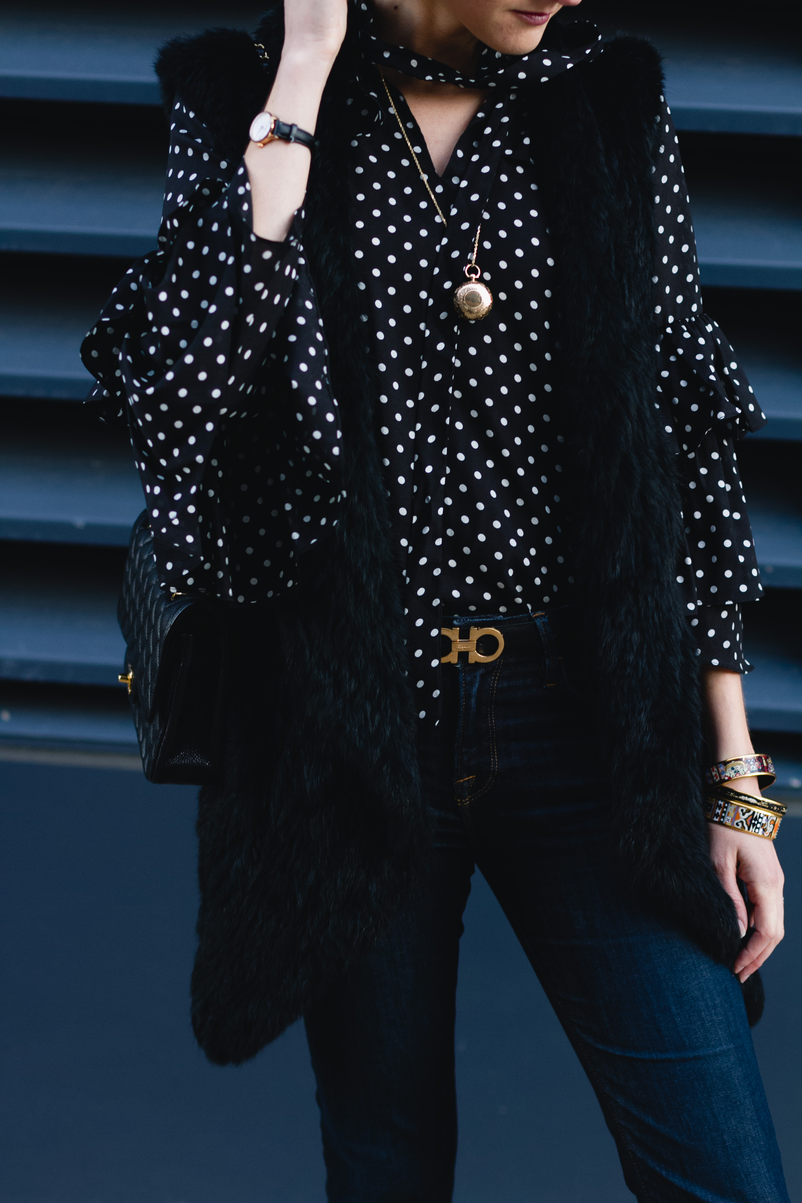 polka dot blouse, fur vest & Frame jeans